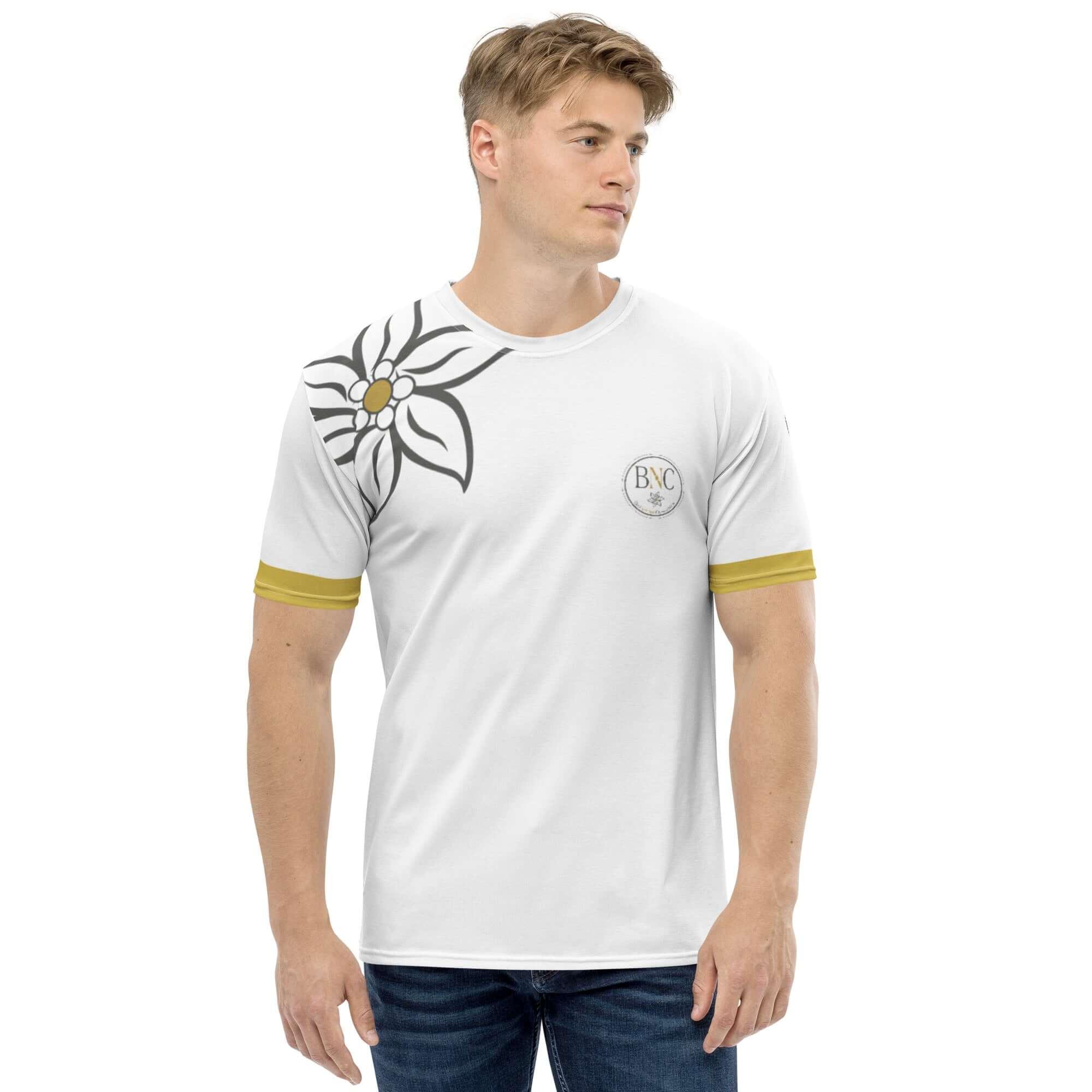 Weißes Herren T-Shirt mit schwarzem Blumen-Print und gelben Ärmelabschlüssen, Casual Look