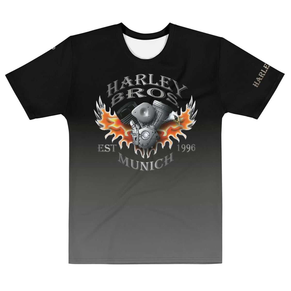Schwarz-graues T-Shirt mit Harley Bros München Motor-Print und Flammen-Design