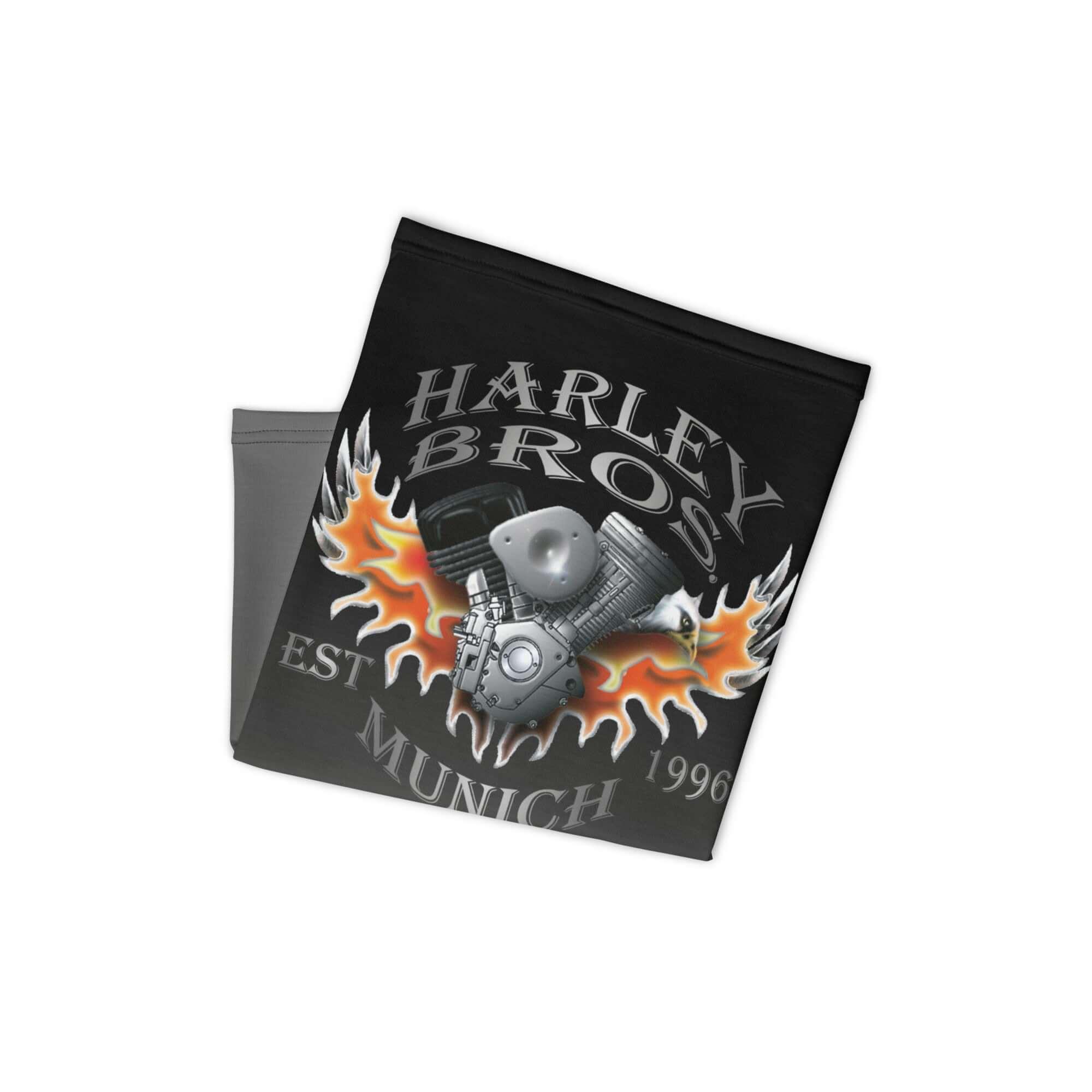 Gefaltetes schwarzes Multifunktionstuch mit Harley Bros Munich Motorrad-Motiv und Flammen-Design.
