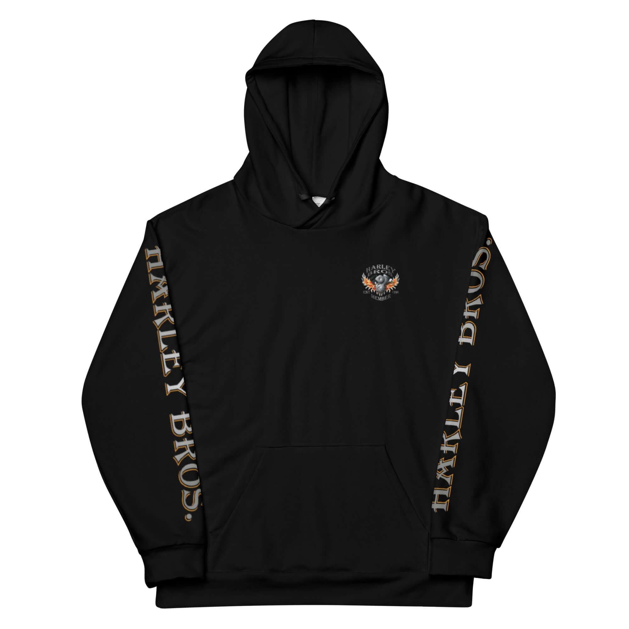 Schwarzer Unisex Hoodie mit Harley Bros. Schriftzug an den Ärmeln und kleinem Logo vorn