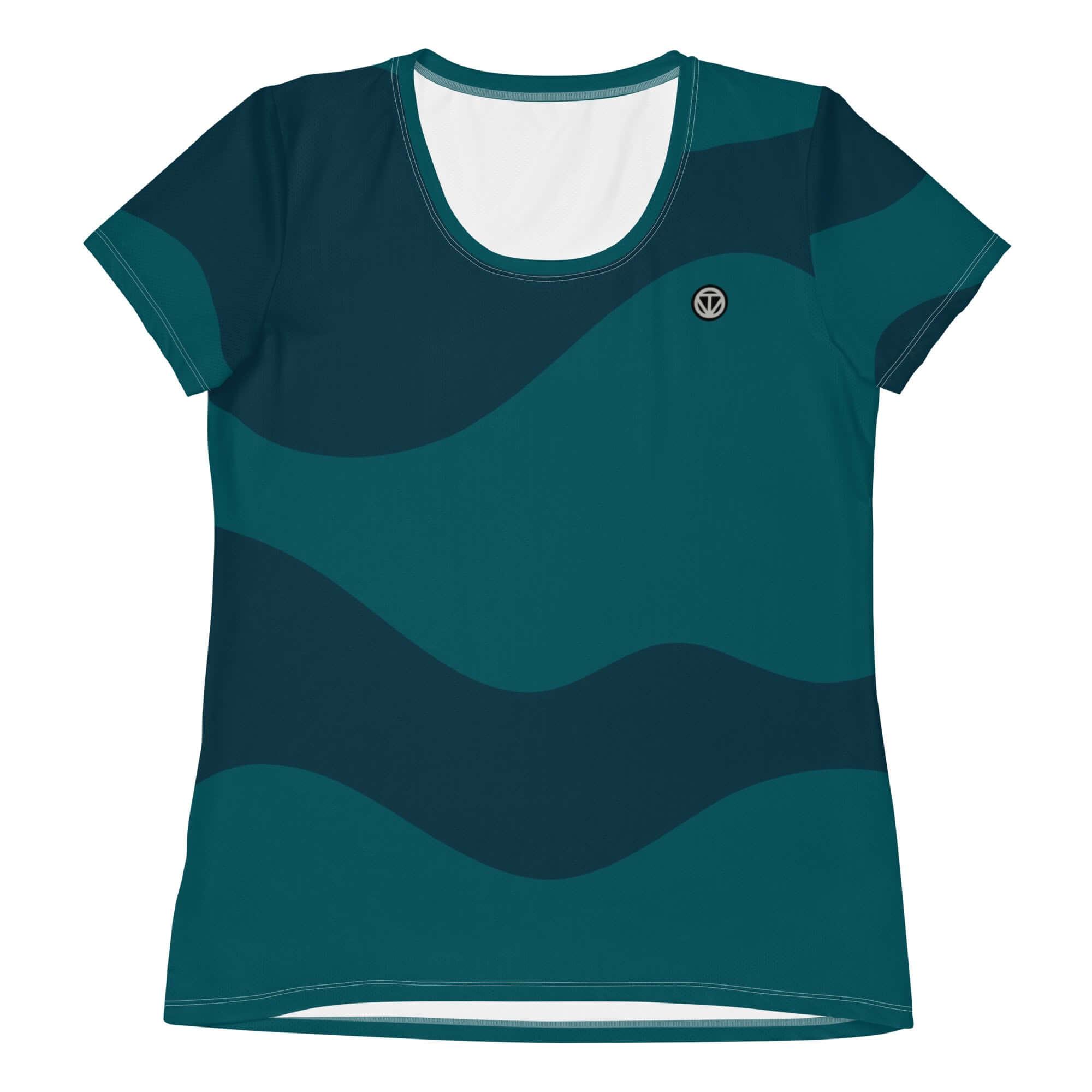 Damen Sport T-Shirt mit Wellenmuster in Dunkelgrün und Logo vorne, kurzarm