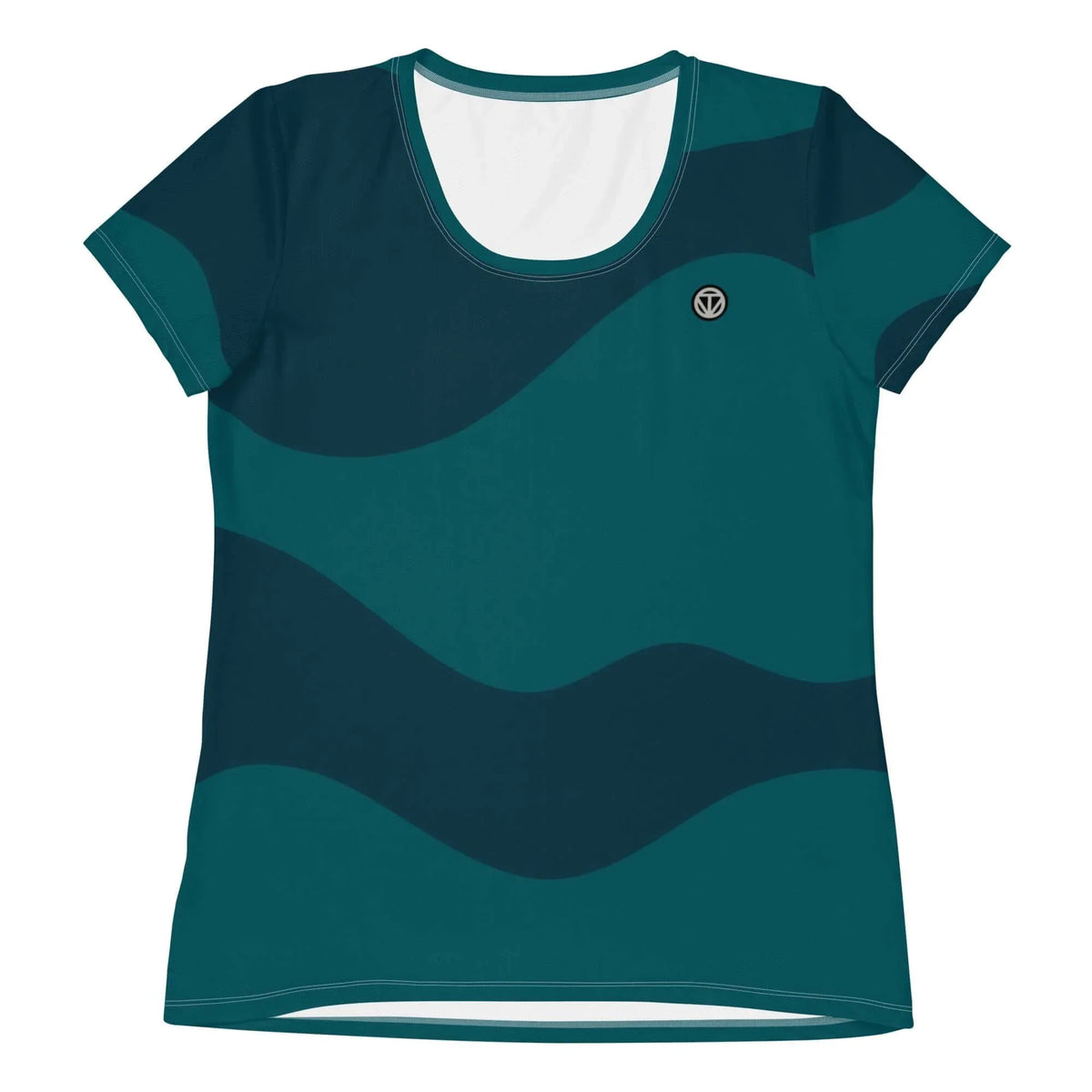 Dunkelblau-grünes Damen-T-Shirt mit wellenförmigem Muster und weißem Ausschnitt