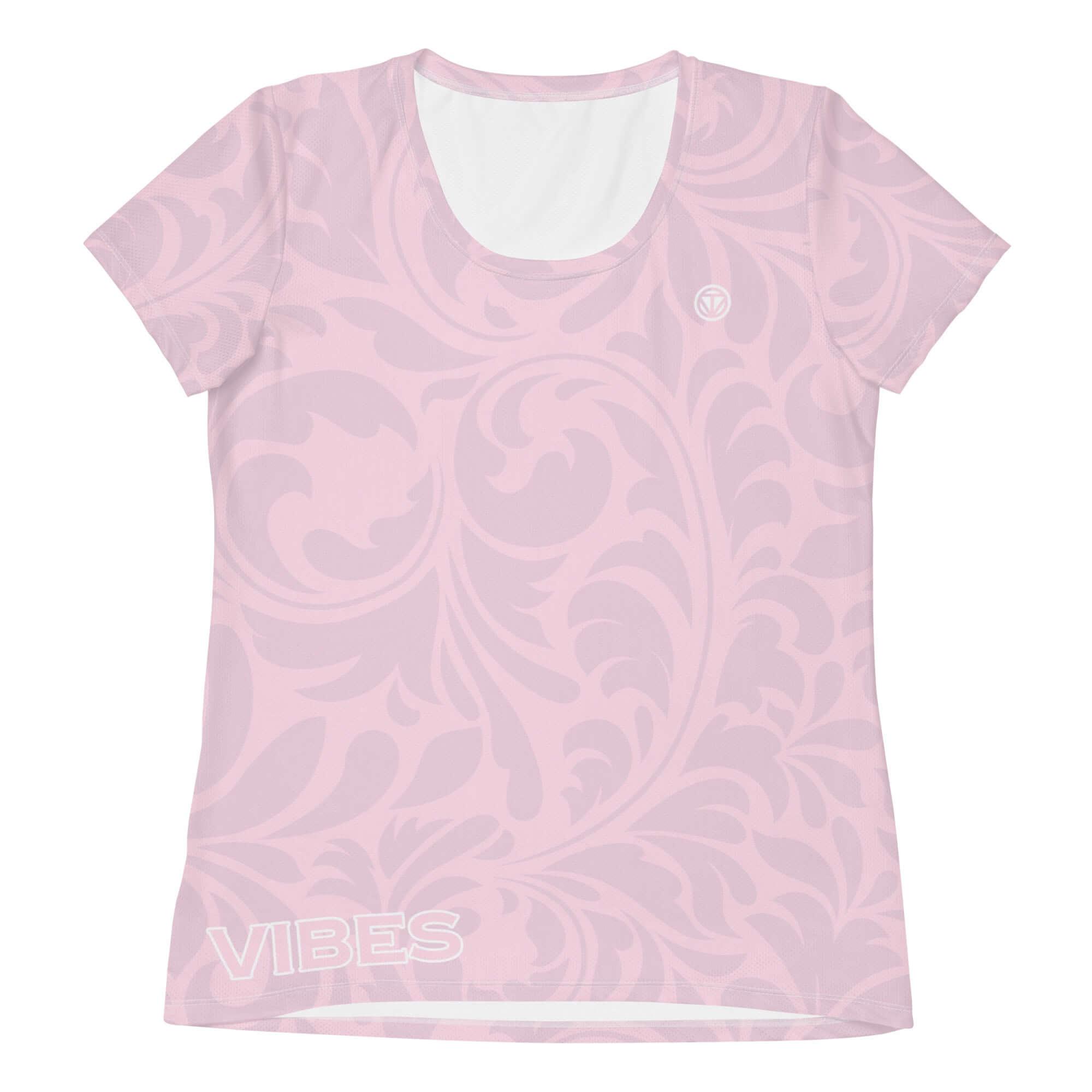 Rosa Damen Sport T-Shirt mit floralen Mustern und Vibes Aufdruck, Kurzarm