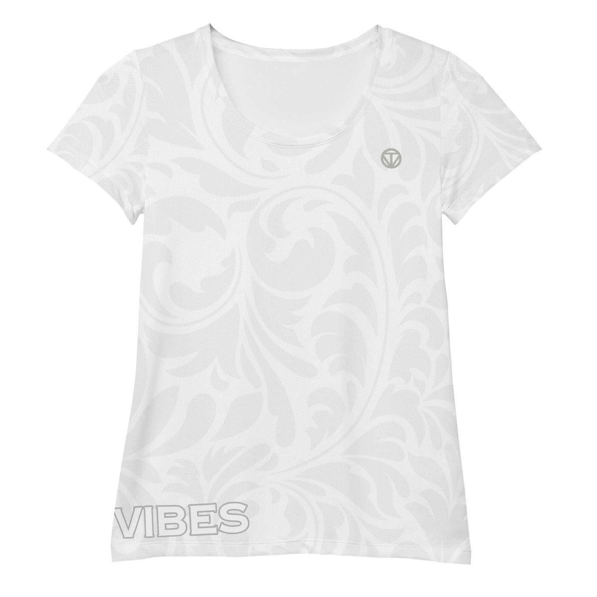 Weißes Damen-T-Shirt mit hellem floralem Muster und VIBES-Schriftzug am Saum