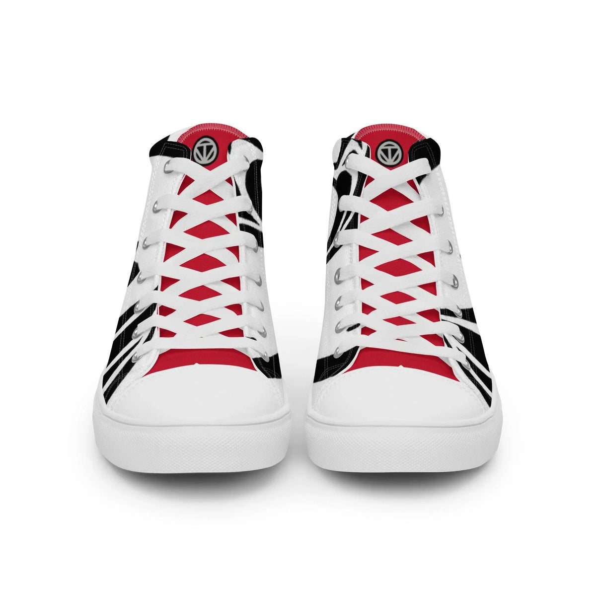 Weiß-rot-schwarze High-Top Sneaker mit grafischem Muster und weißen Schnürsenkeln