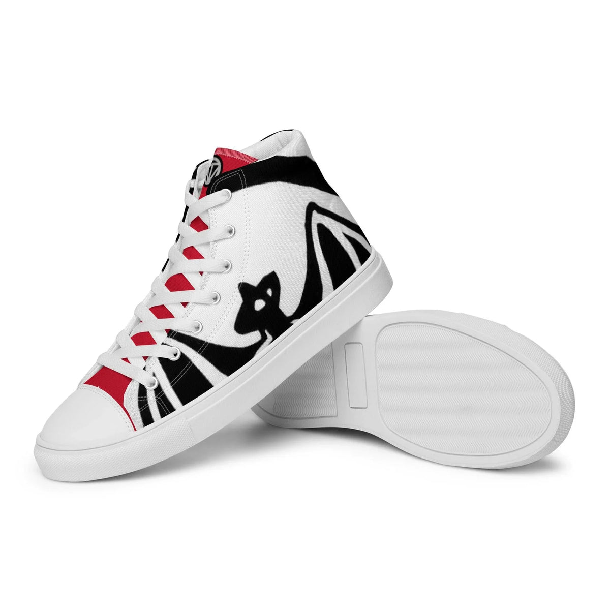 Weißer High-Top Sneaker mit rot-schwarzem Grafik-Design auf weißem Hintergrund