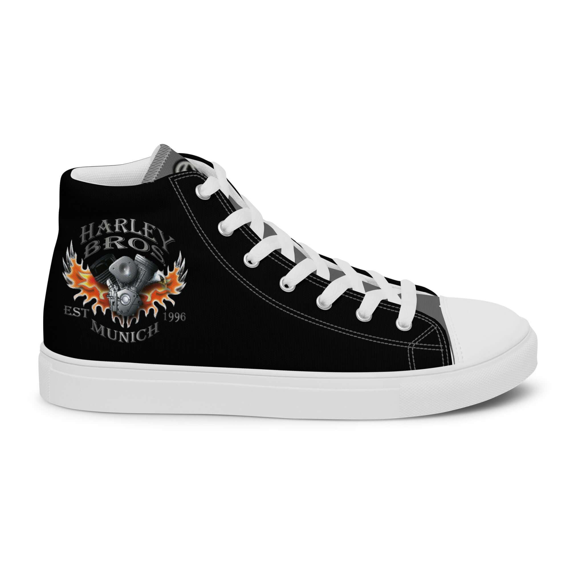 Schwarzer Herren High-Top-Sneaker mit weißer Sohle, Harley Bros Flammen-Logo, Motivdruck