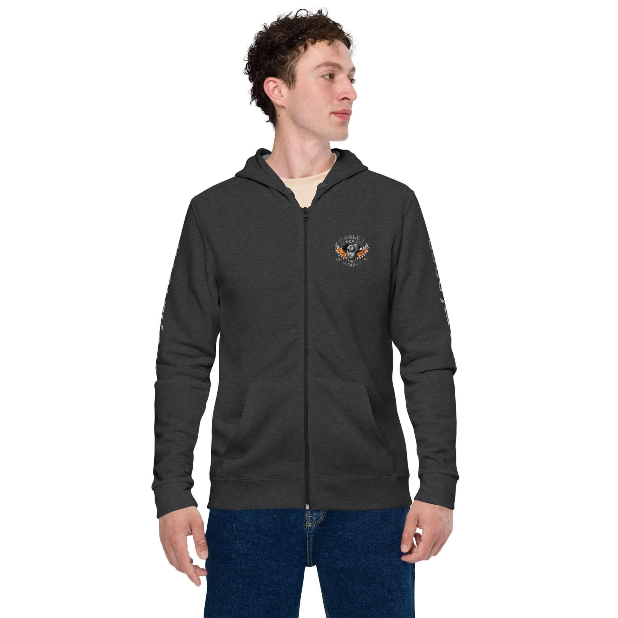 Unisex Basic Zip Hoodie in Anthrazit-Meliert mit kleinem Print vorne, lässiger Streetwear-Stil