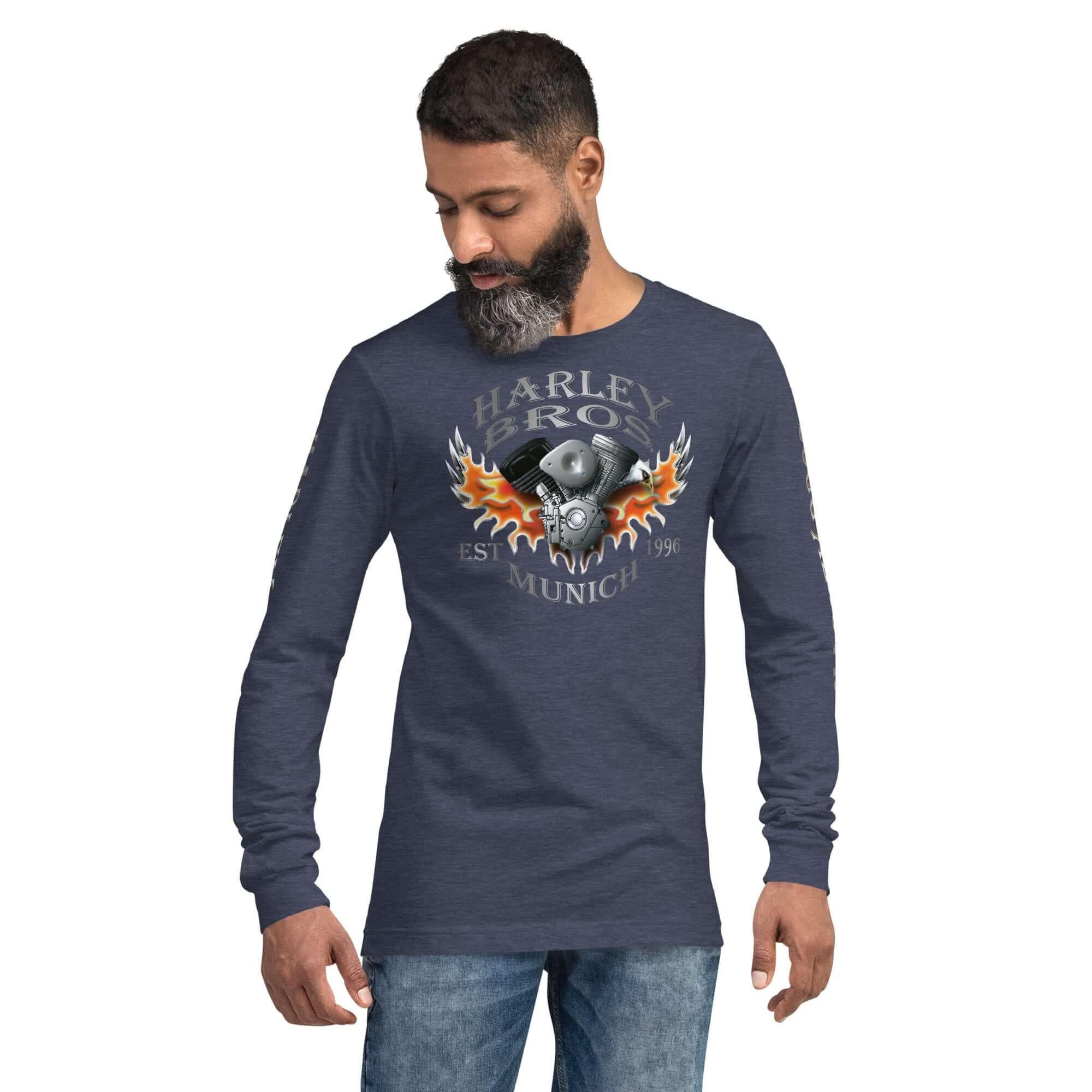 Unisex Langarmshirt in Heather Navy mit Harley Bros Munich Print und Flammenmotiv
