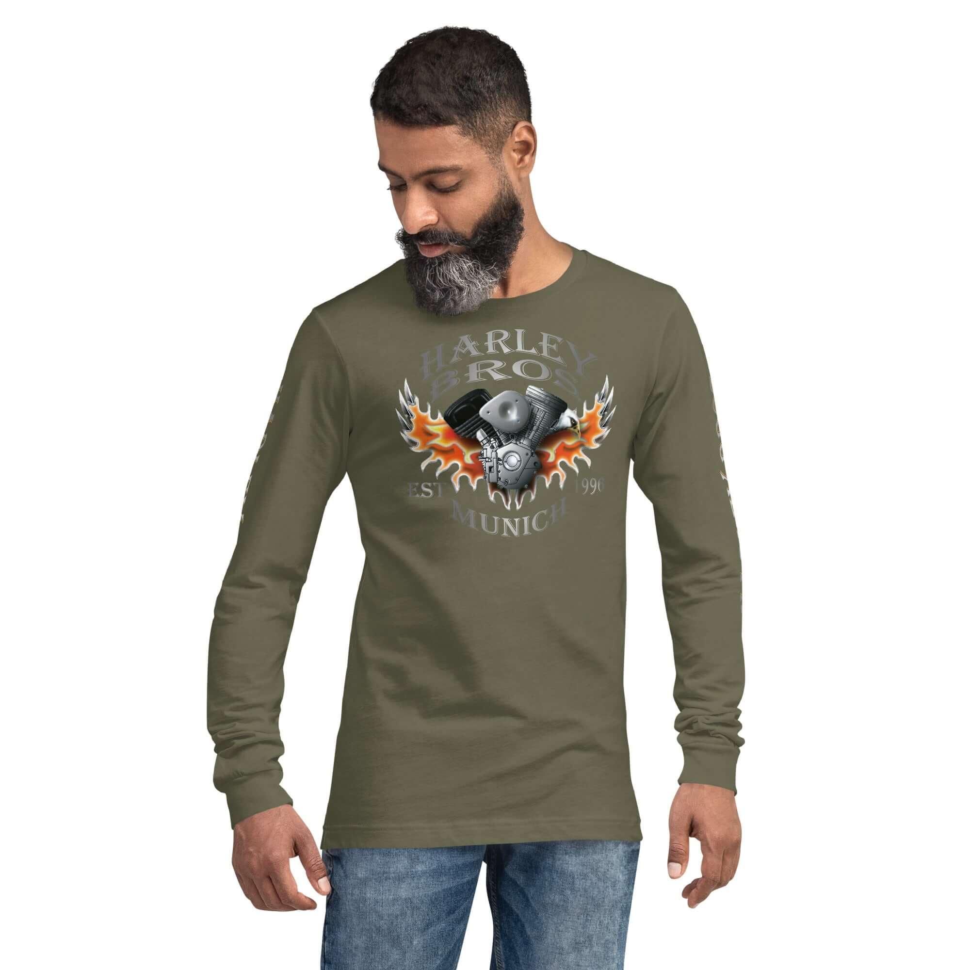 Unisex Langarmshirt Military Green mit Harley Motorrad-Motiv und Flammenprint, Frontansicht