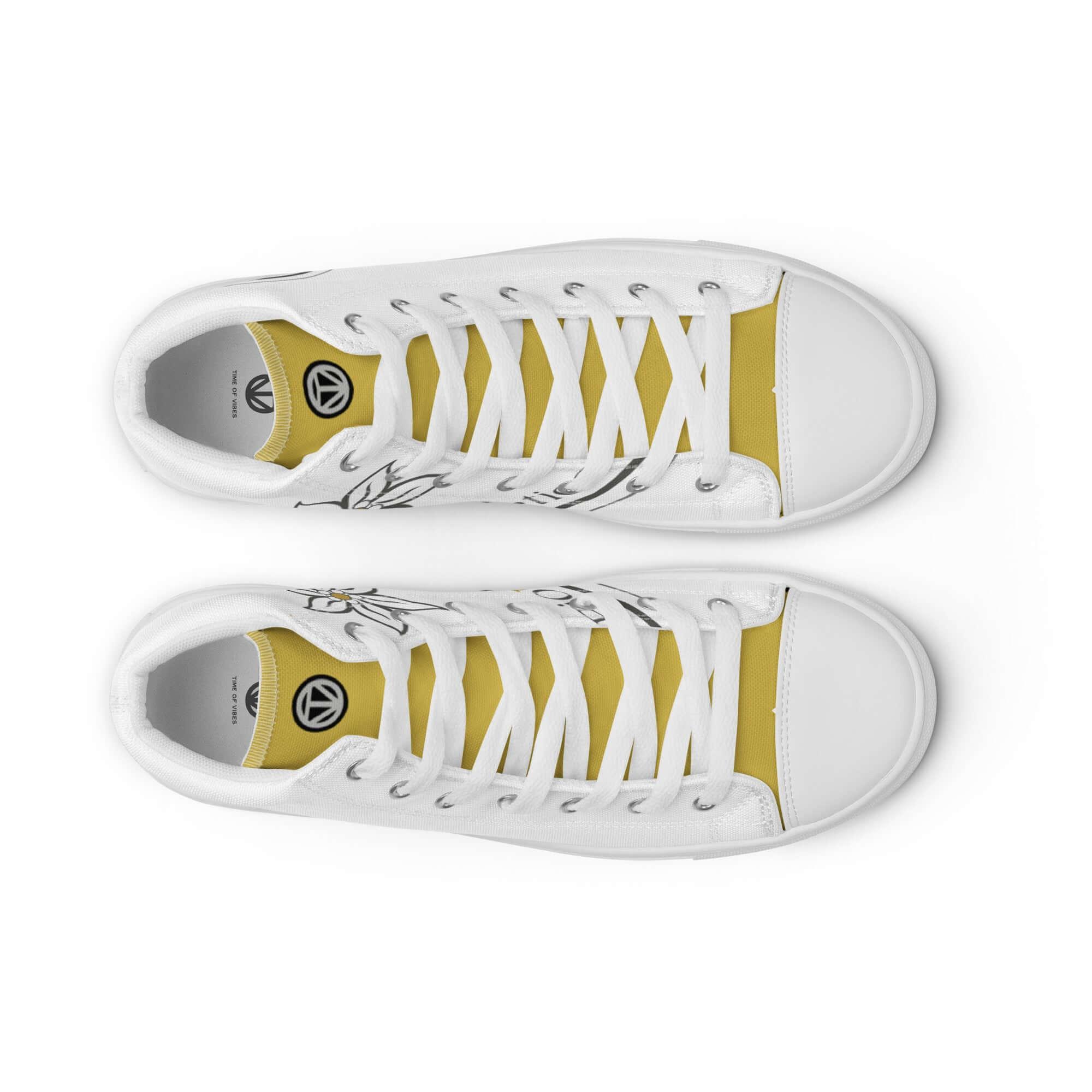 Damen High-Top Sneaker weiß mit gelber Zunge und floralem Muster, Canvas-Schuhe