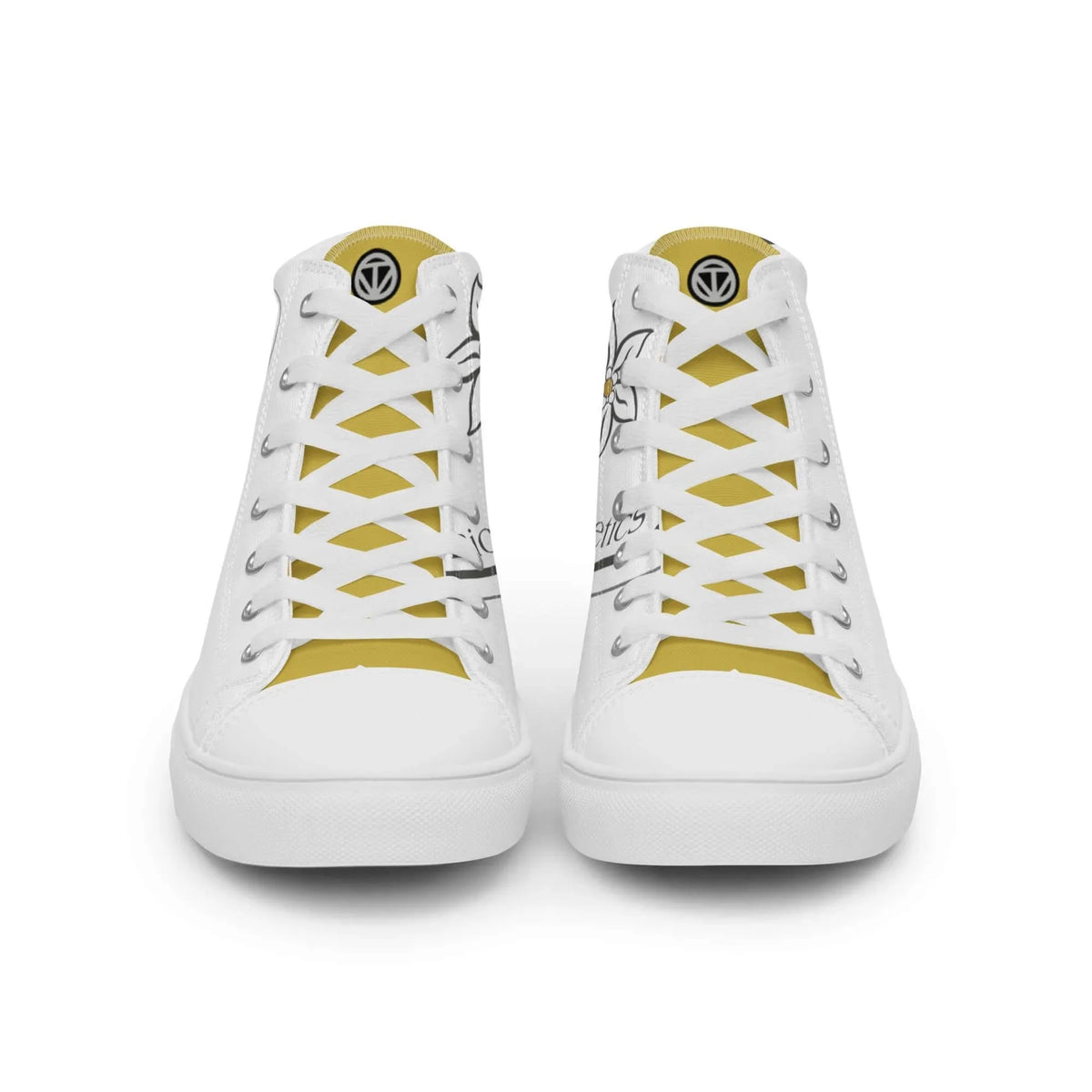Paar weiße High-Top Sneaker mit gelben Akzenten und floralem Design