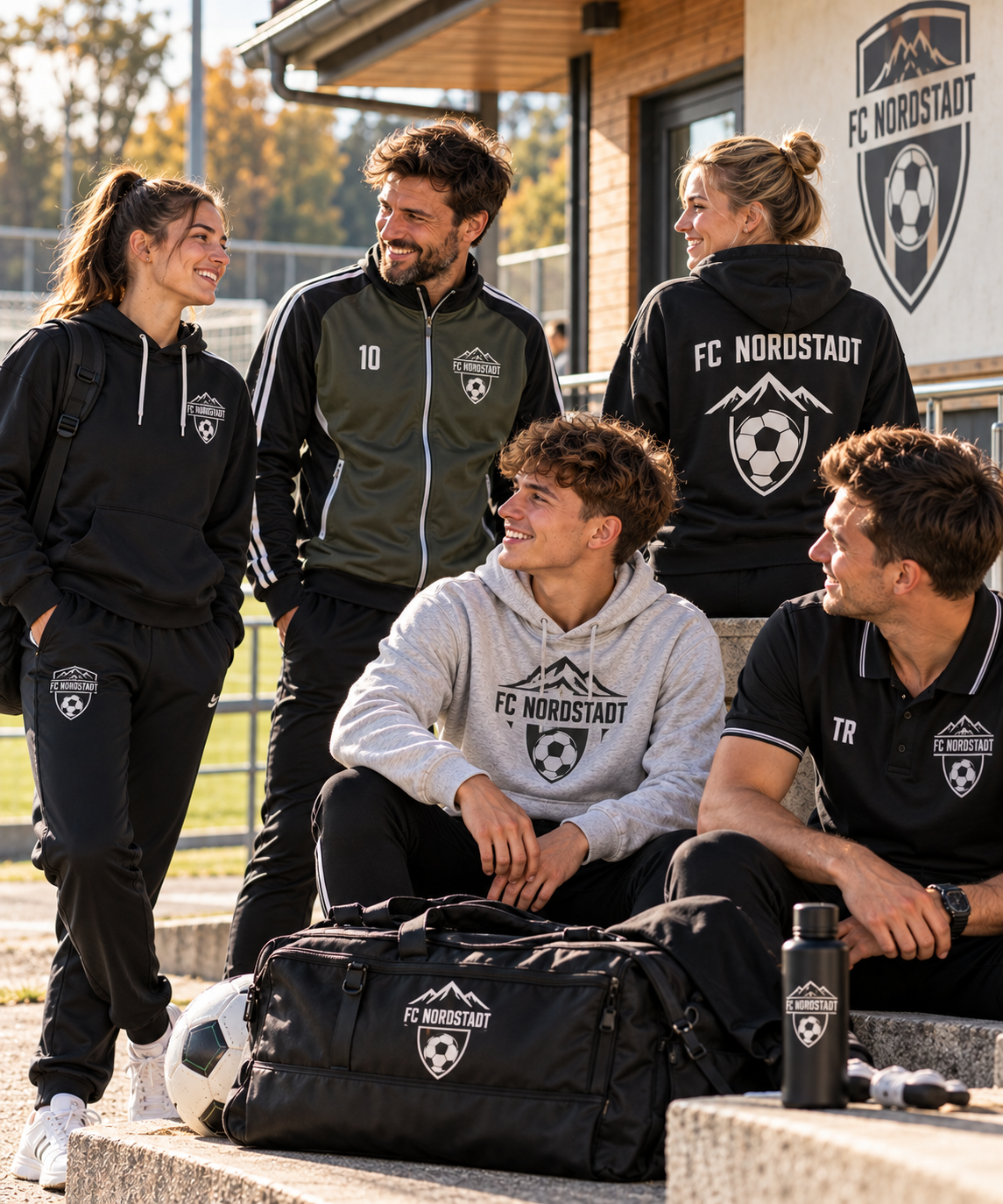 Fußballverein Vereinskleidung - Vereinsmitglieder mit Teamwear vor dem Sportheim 