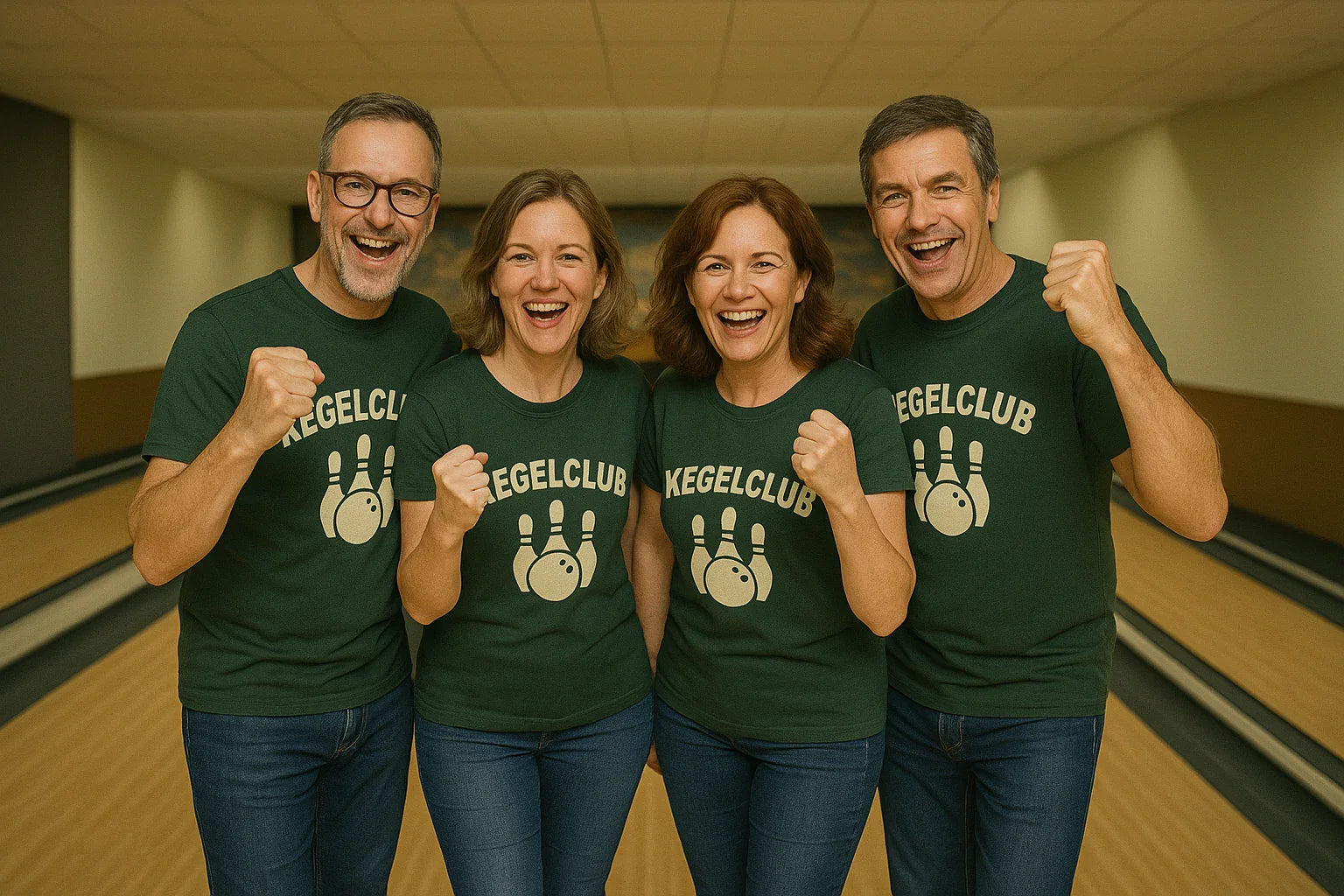 Vier fröhliche Erwachsene im Kegelclub-Teamwear auf einer Kegelbahn