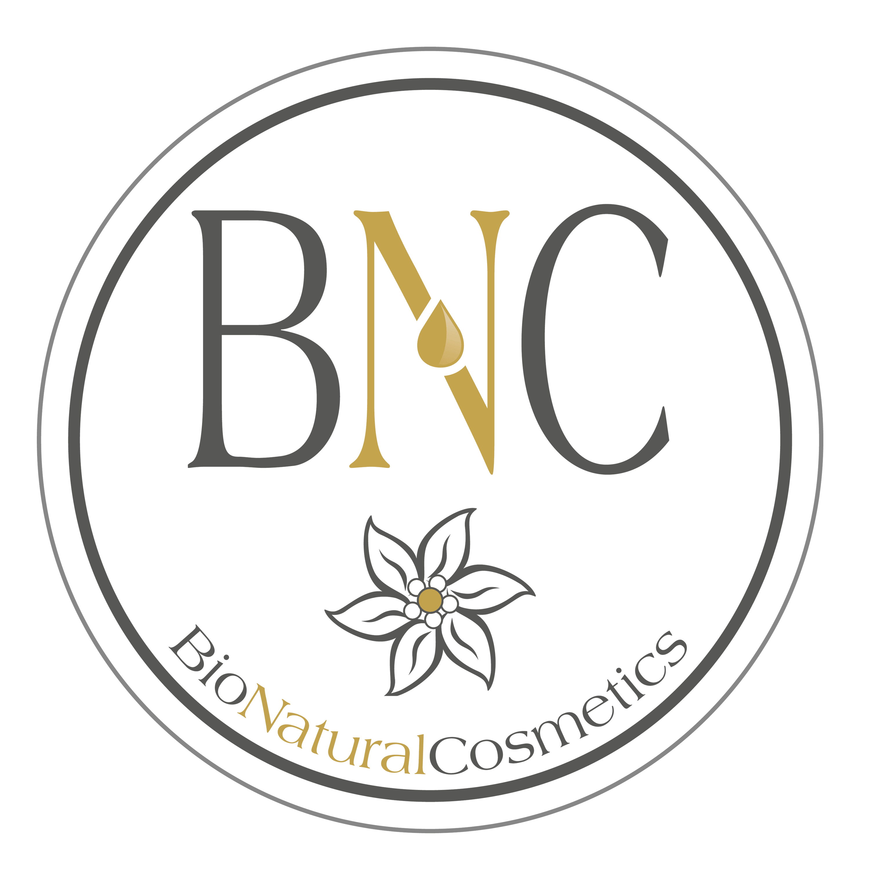 Rundes BioNaturalCosmetics Logo mit gold-schwarzen BNC Buchstaben und Blume auf schwarzem Hintergrund