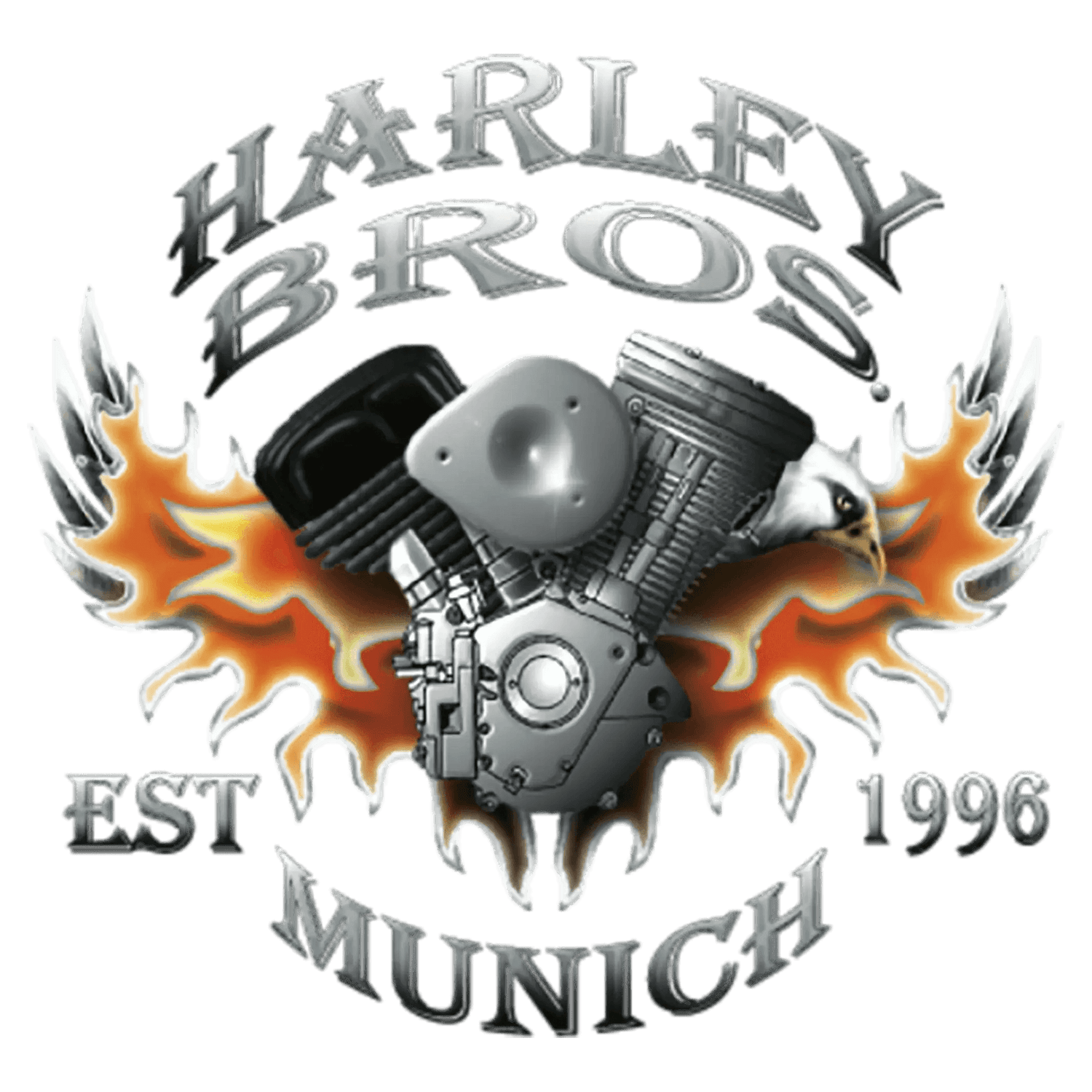 HARLEY BROS Logo München, Motorrad-Motor mit Flammen und Adler, EST 1996