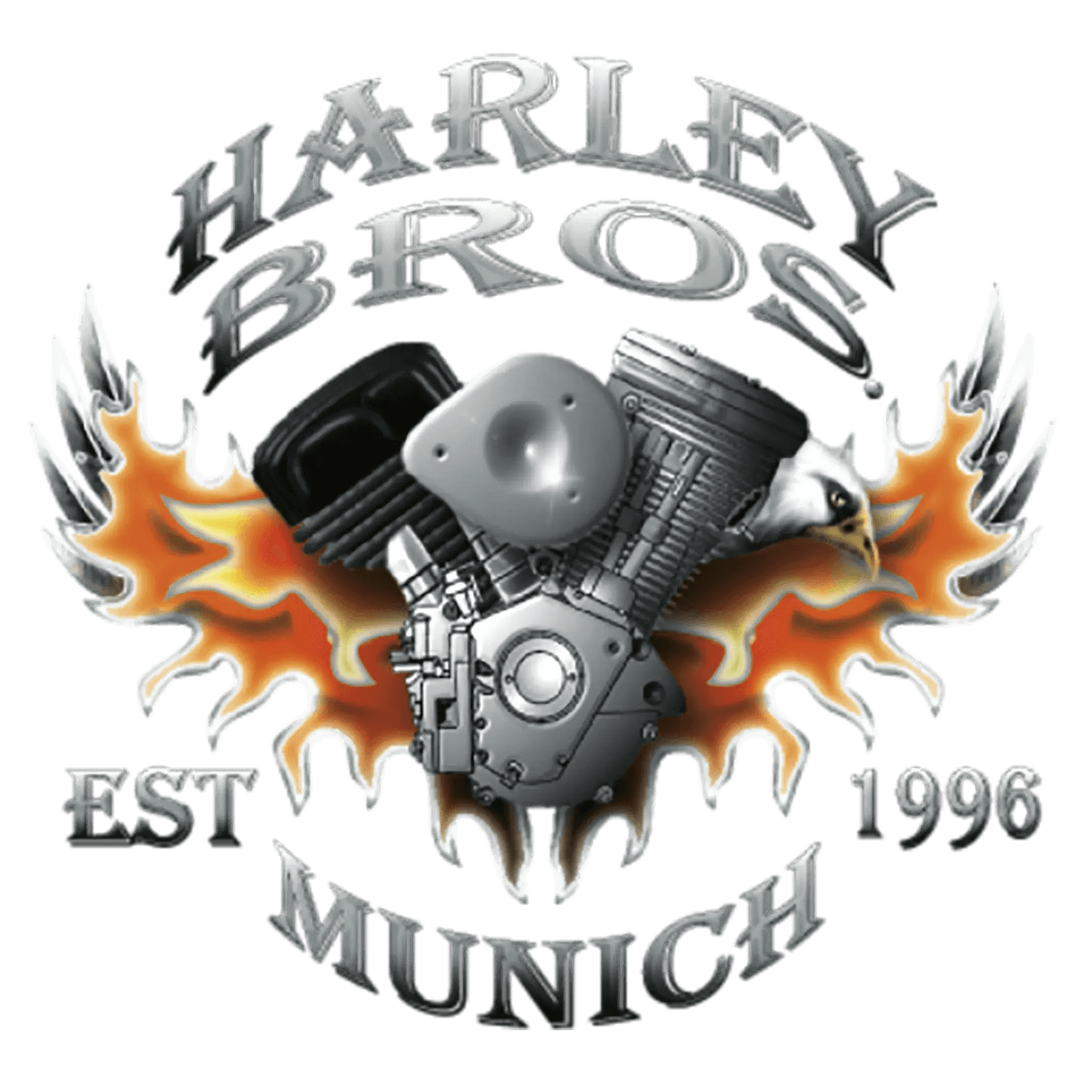 HARLEY BROS Logo München, Motorrad-Motor mit Flammen und Adler, EST 1996
