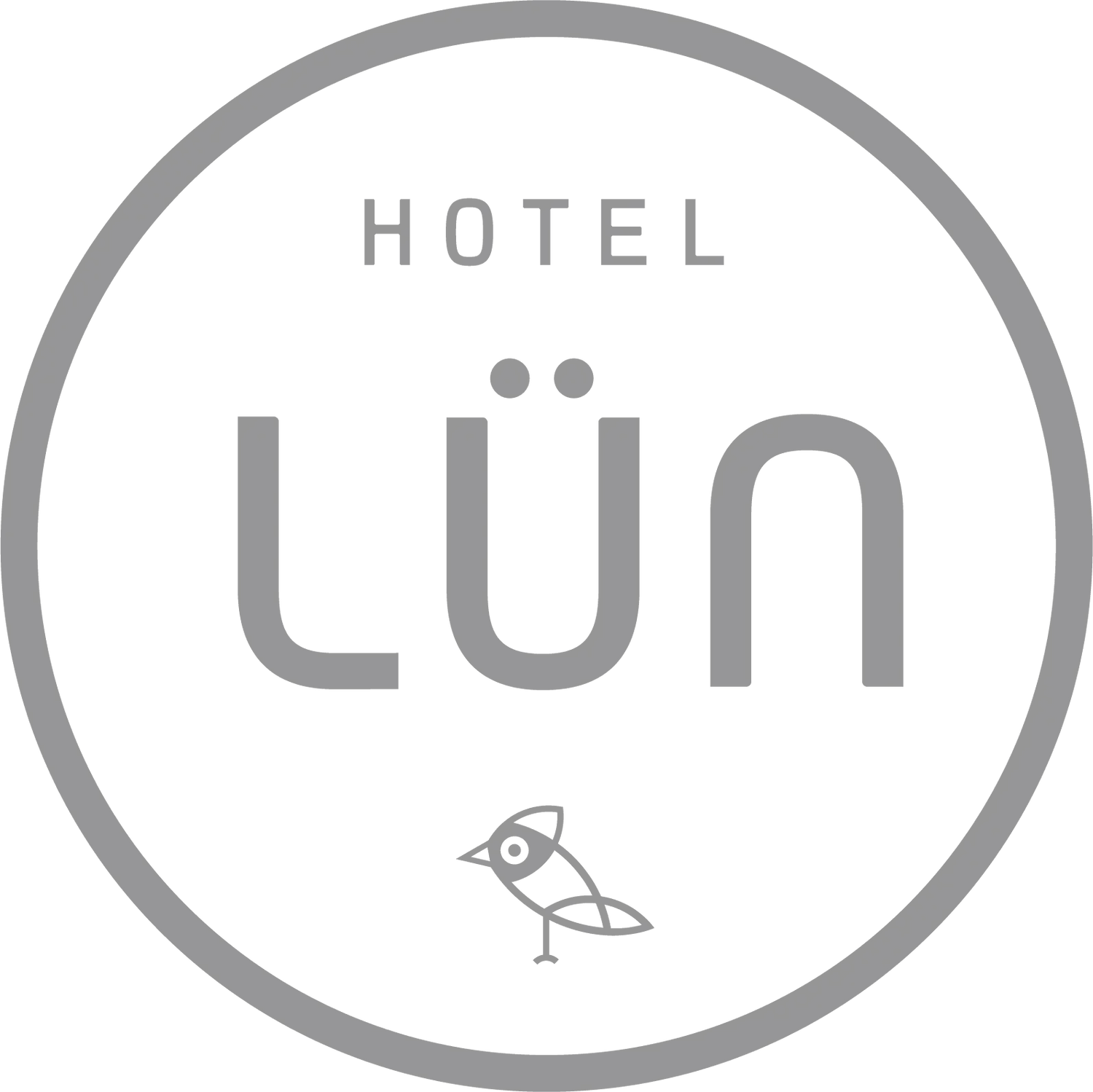 Logo Hotel Lün grau mit Vogel-Symbol auf grünem Hintergrund, modernes Design