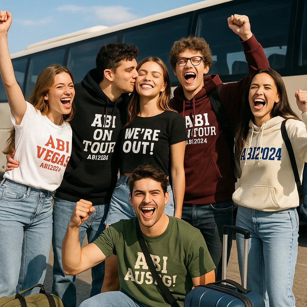 Gruppe Abiturienten vor Bus, fröhlich in Abi-Teamwear und Abitur 2024 Schulkleidung