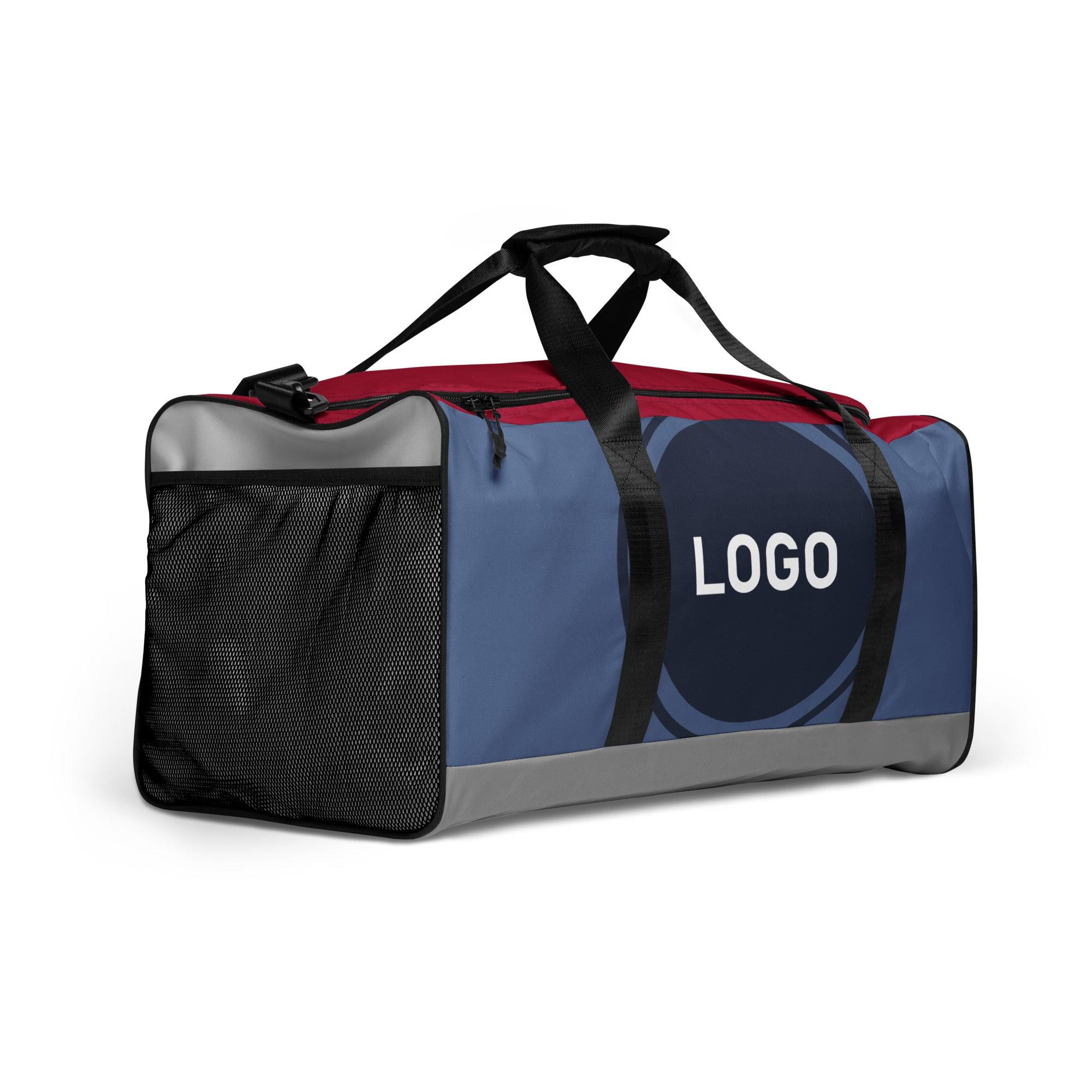 Sporttasche blau-rot mit schwarzem Griff, seitlichem Mesh-Fach und LOGO-Aufdruck