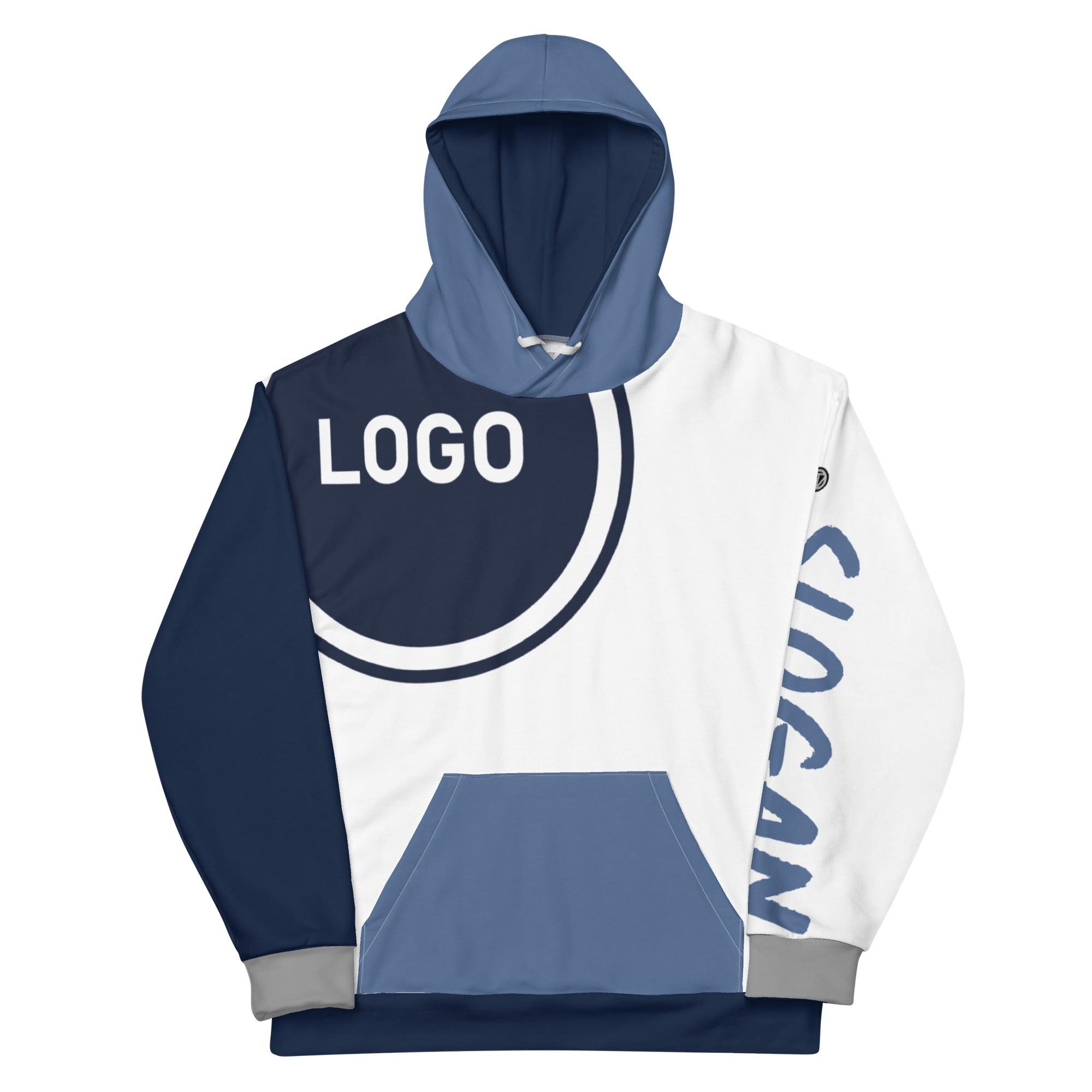 Unisex Hoodie weiß-blau, großes Logo-Print vorne, Slogan am Ärmel, modischer Kapuzenpullover