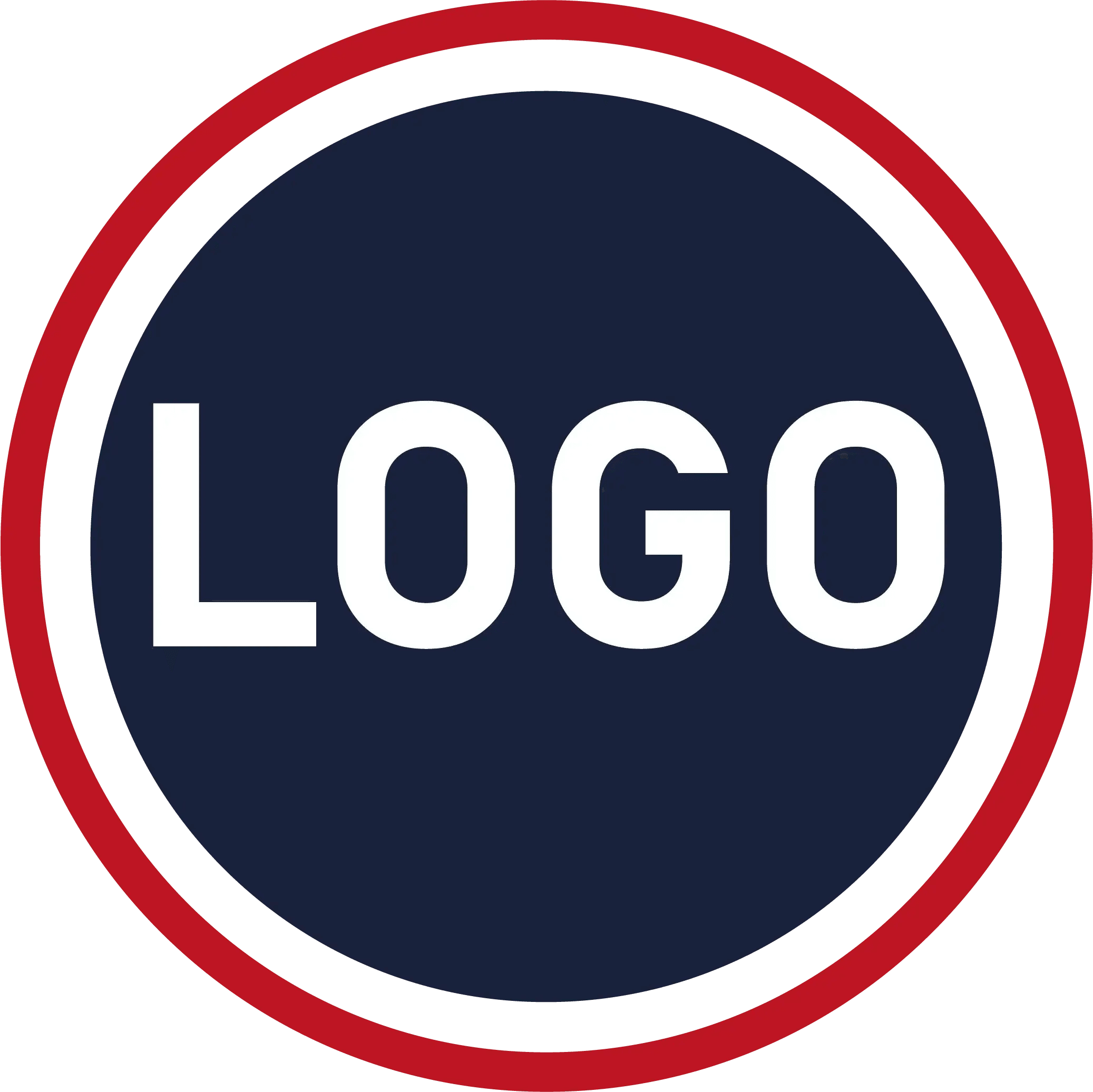 Rundes Logo mit weißem Text 'LOGO' auf dunkelblauem Hintergrund, rote Umrandung