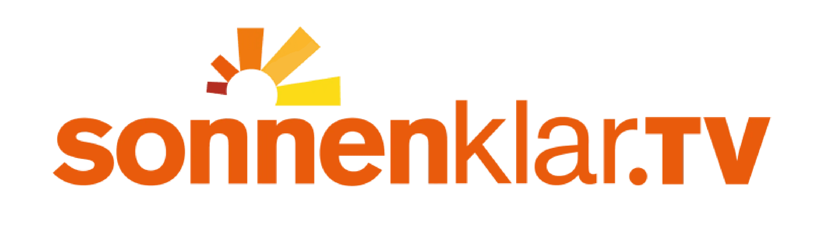 sonnenklar.TV Logo mit stilisierter Sonne, orange Schrift auf transparentem Hintergrund