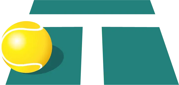 Logo mit gelbem Tennisball auf grünem Tennisplatz, minimalistisches Tennis Club Design