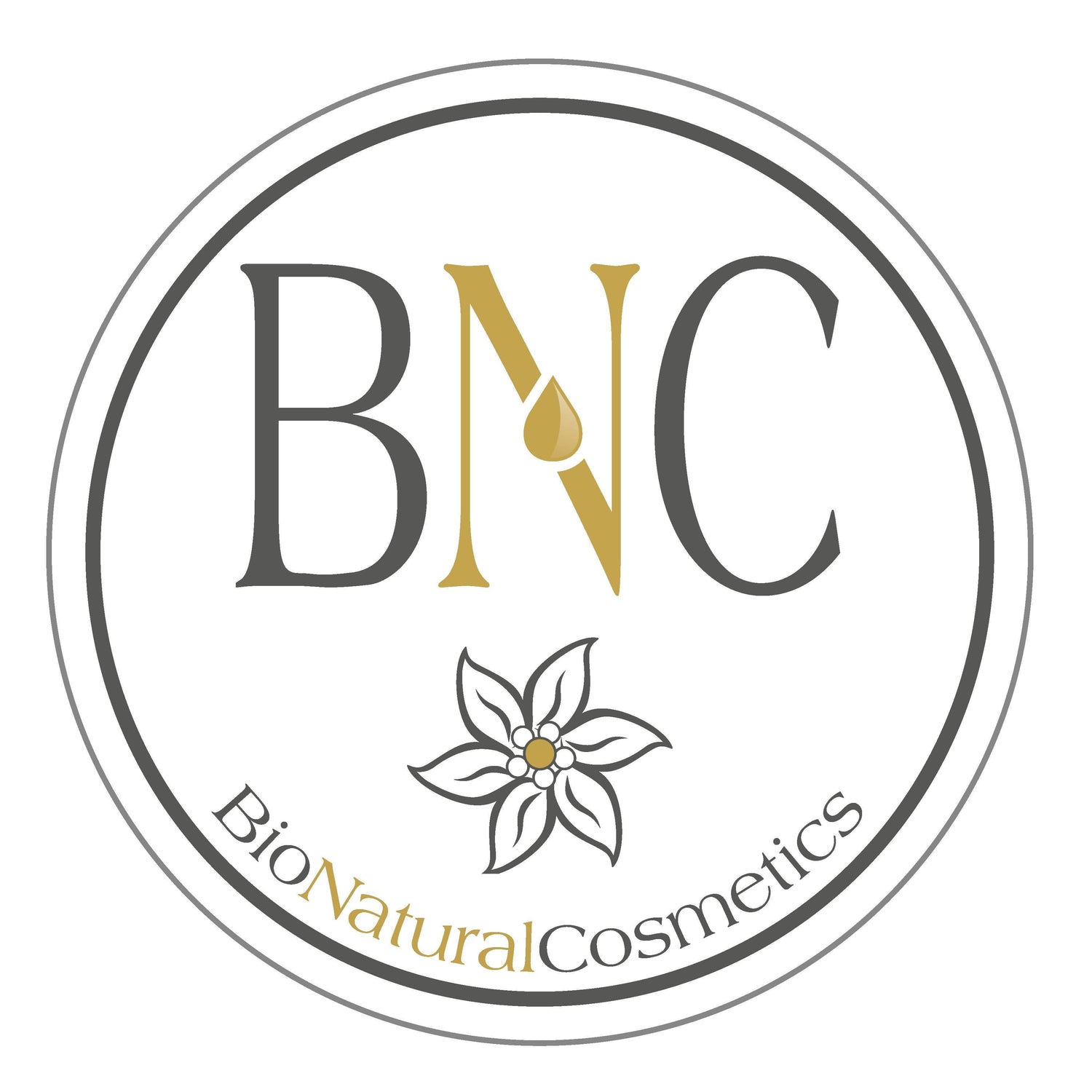 BNC BioNaturalCosmetics Logo mit Blume, kreisförmig, grau-goldene Akzente, Naturkosmetik