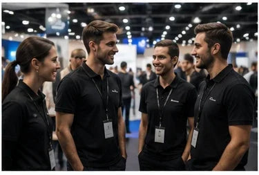Gruppe in schwarzen Poloshirts auf Messe – personalisierbare Shirts & Hoodies