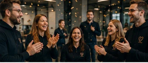 Gruppe lacht und klatscht in modernem Büro, Konfetti fällt, Team in schwarzen Hoodies mit Logo
