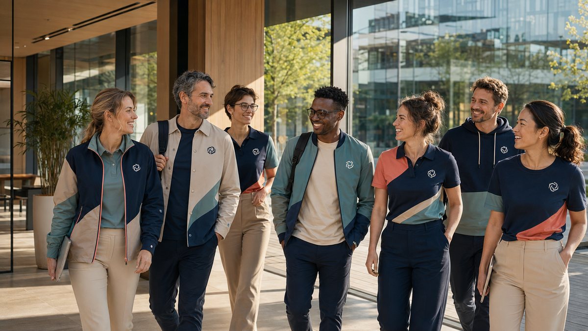 Eine Gruppe von Menschen in modernen, farblich abgestimmten Firmenoutfits vor einem Bürogebäude.