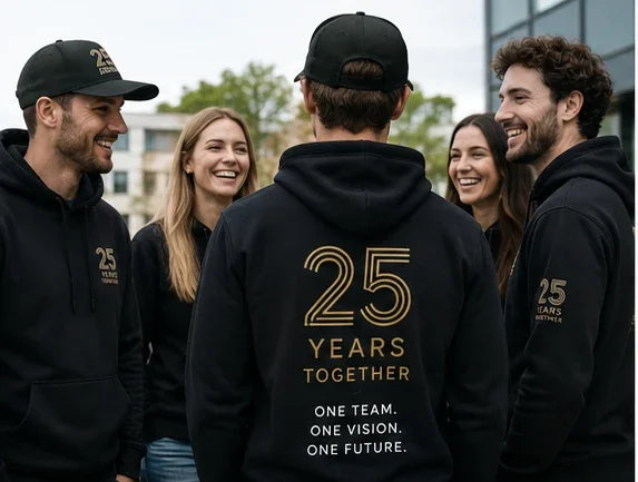 Schwarze Hoodies mit „25 Years Together“-Design, personalisierbar, ideal für Teams und Gruppen