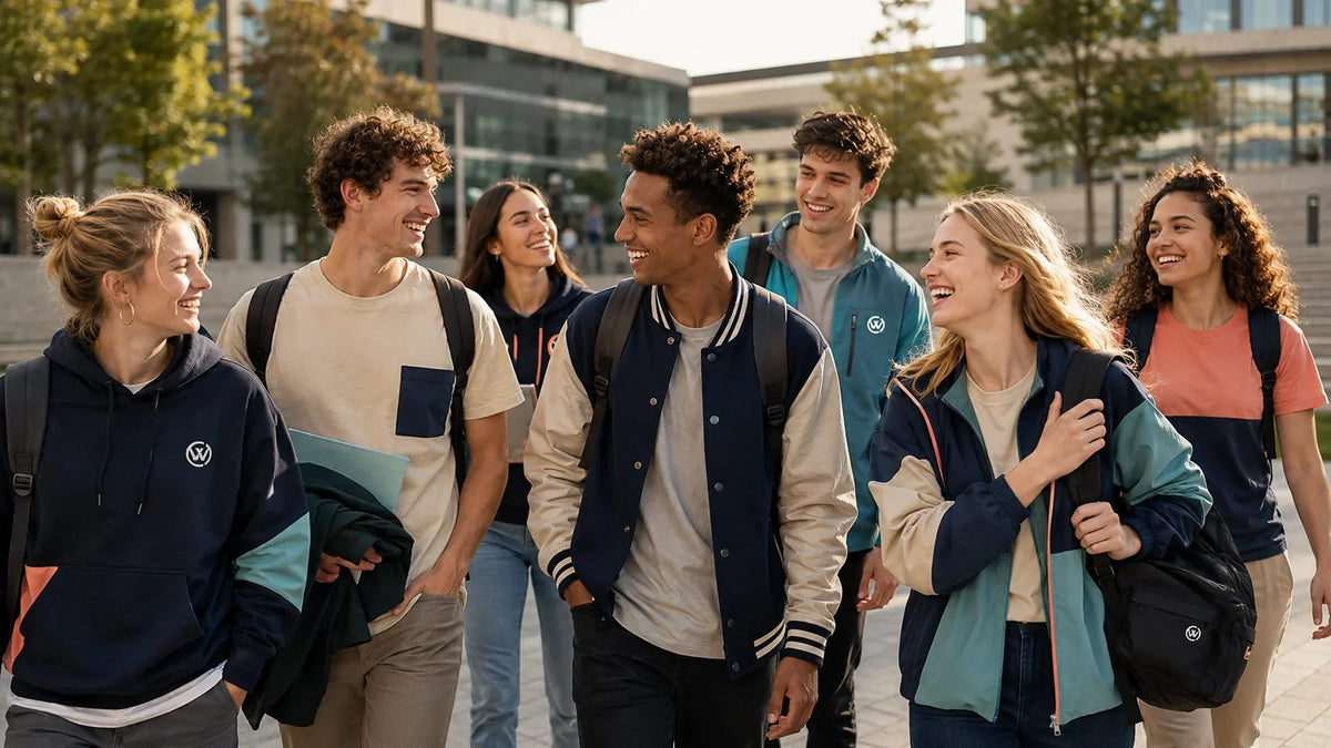 Gruppe junger Menschen in personalisierten Hoodies, Jacken und Shirts auf einem Campus.