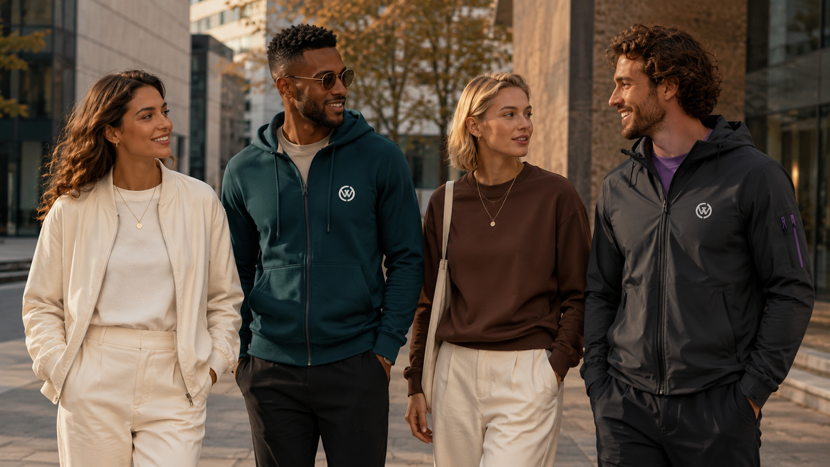 Vier junge Leute in stylischen, personalisierbaren Hoodies und Jacken in einer urbanen Umgebung.