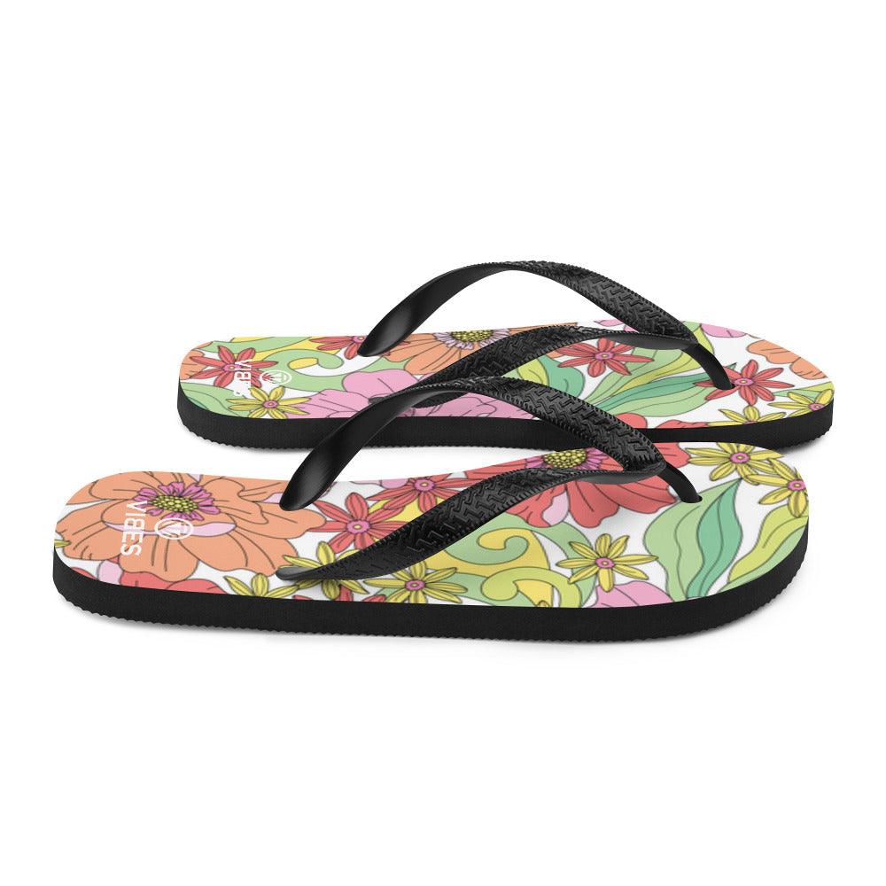 Bunte Flip-Flops mit Blumenmuster und schwarzem Riemen, Sommer Schuhe Damen