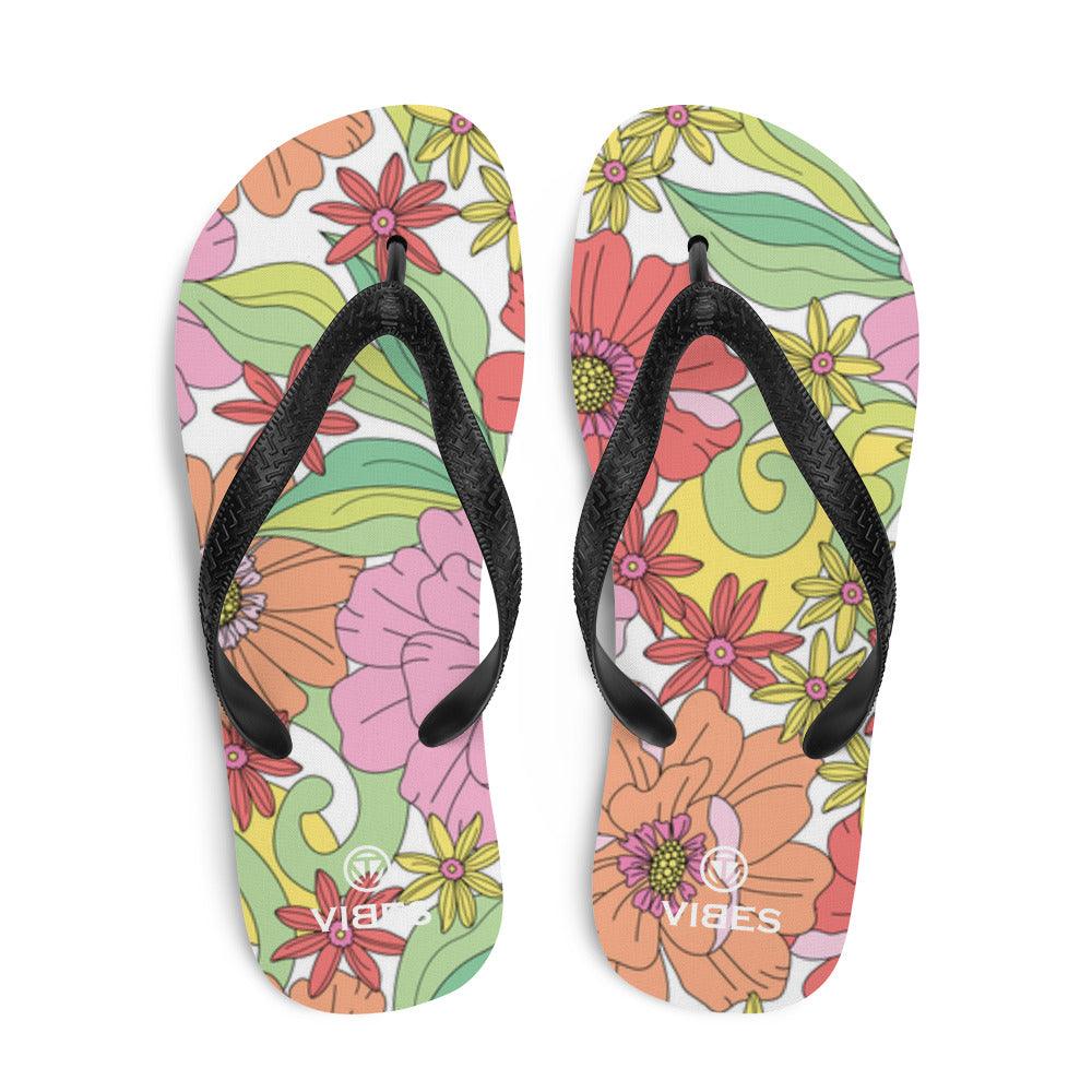 Bunte Flip-Flops mit Blumenmuster und schwarzem Riemen, Sommer Sandalen von VIBES.
