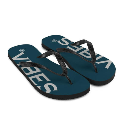 Blaue Flip-Flops mit schwarzem Riemen und weißem VIBES Schriftzug, Produktfoto