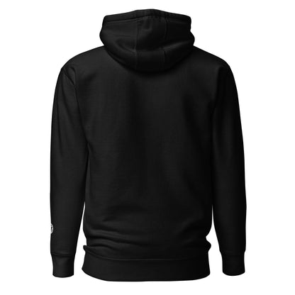Schwarzer Hoodie von hinten auf weißem Hintergrund, lange Ärmel, Kapuze, schlichtes Design.