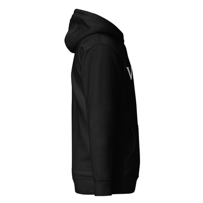 Schwarzer VIBES Hoodie Seitenansicht, Kapuze, weiße Schrift, Kängurutasche
