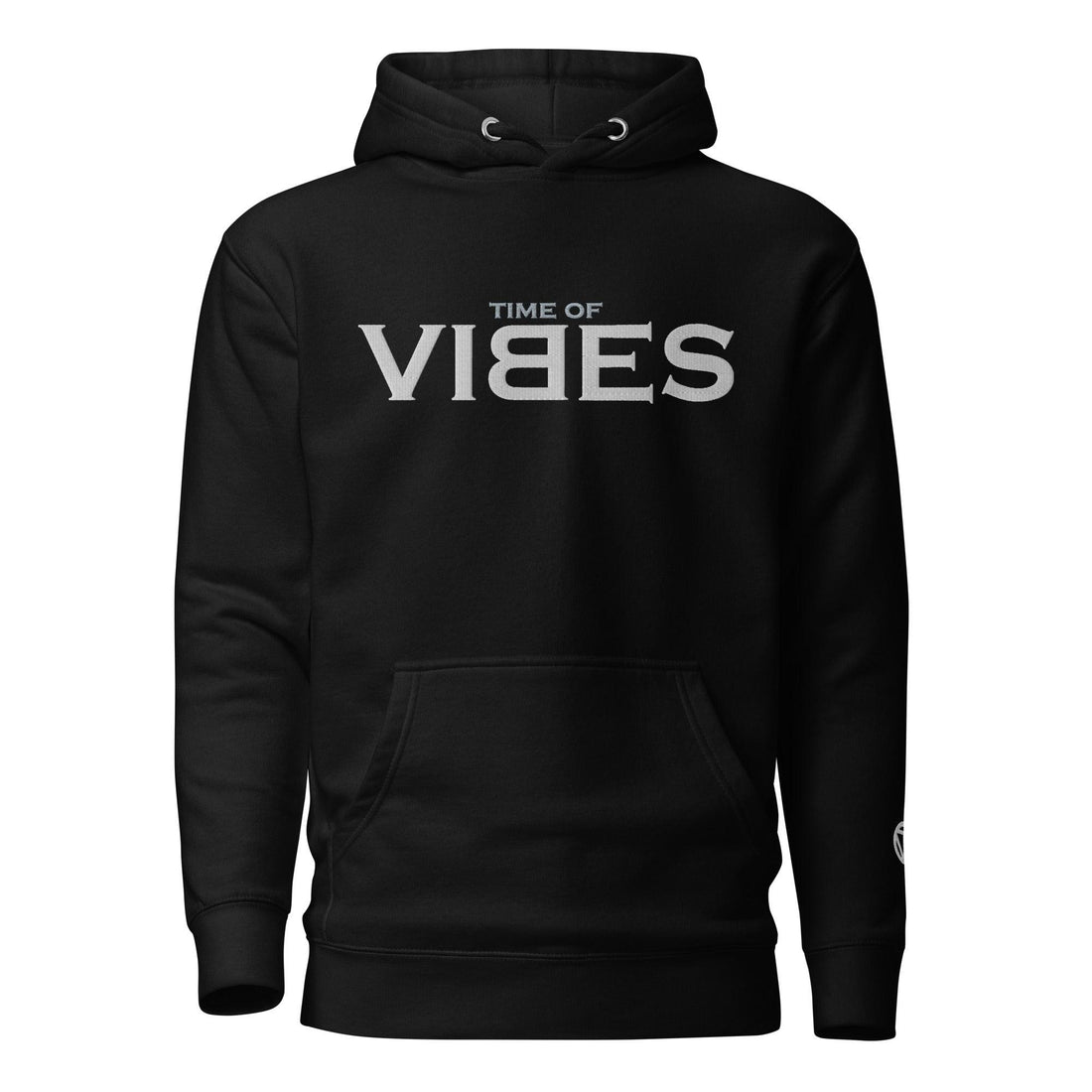 Schwarzer Hoodie mit weißem TIME OF VIBES Logo, Kapuze und Kängurutasche, Streetwear