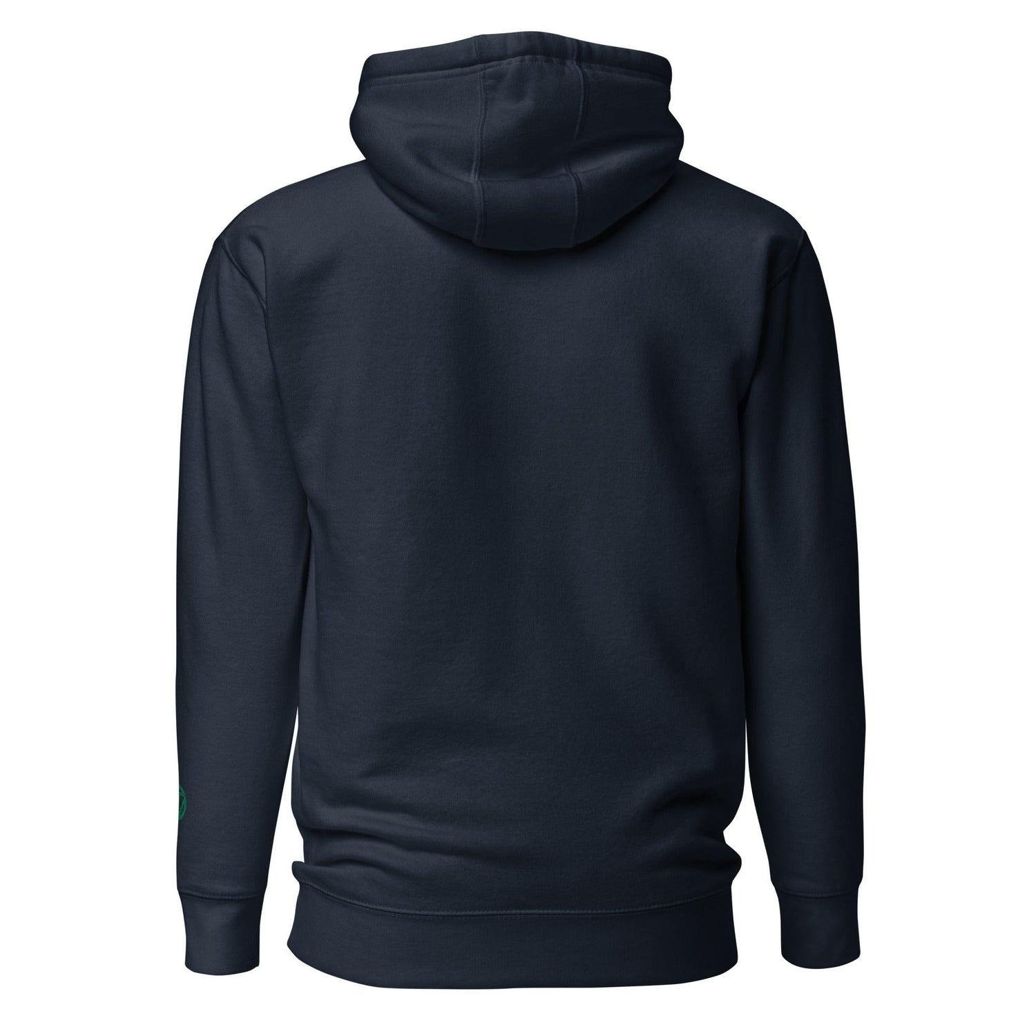 VIBES Hoodie Rückansicht in Marineblau mit Kapuze, dezente grüne Stickerei am Ärmel