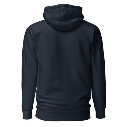 VIBES Hoodie Rückansicht in Marineblau mit Kapuze, dezente grüne Stickerei am Ärmel