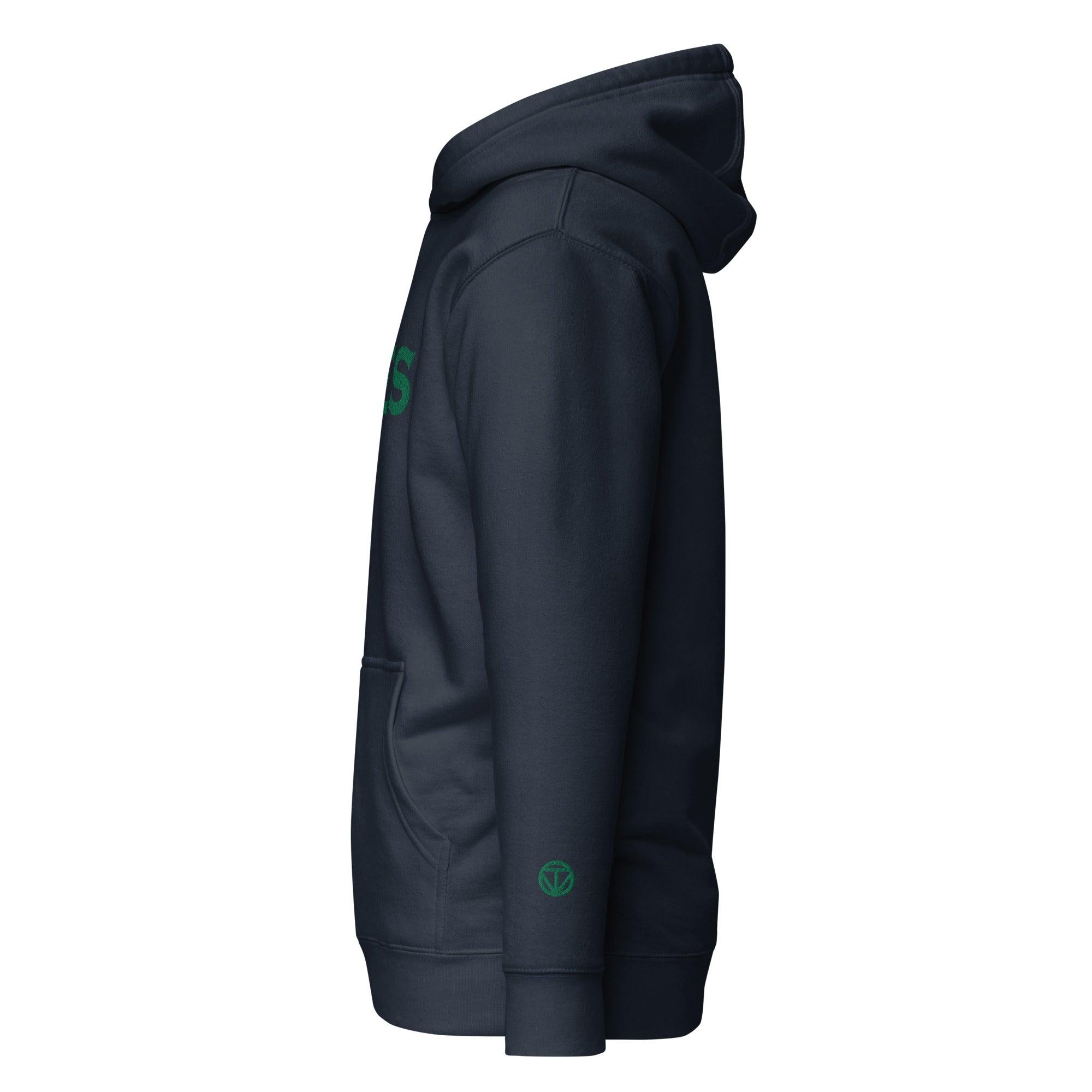 Marineblauer VIBES Hoodie mit grüner Stickerei, Seitenansicht, Kapuze und Kängurutasche sichtbar