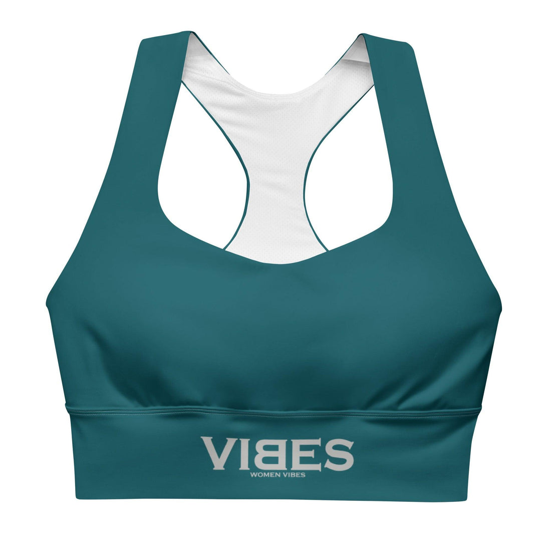 Blau-grüner langer Sport-BH mit VIBES-Logo und weißem Innenfutter, Produktfoto