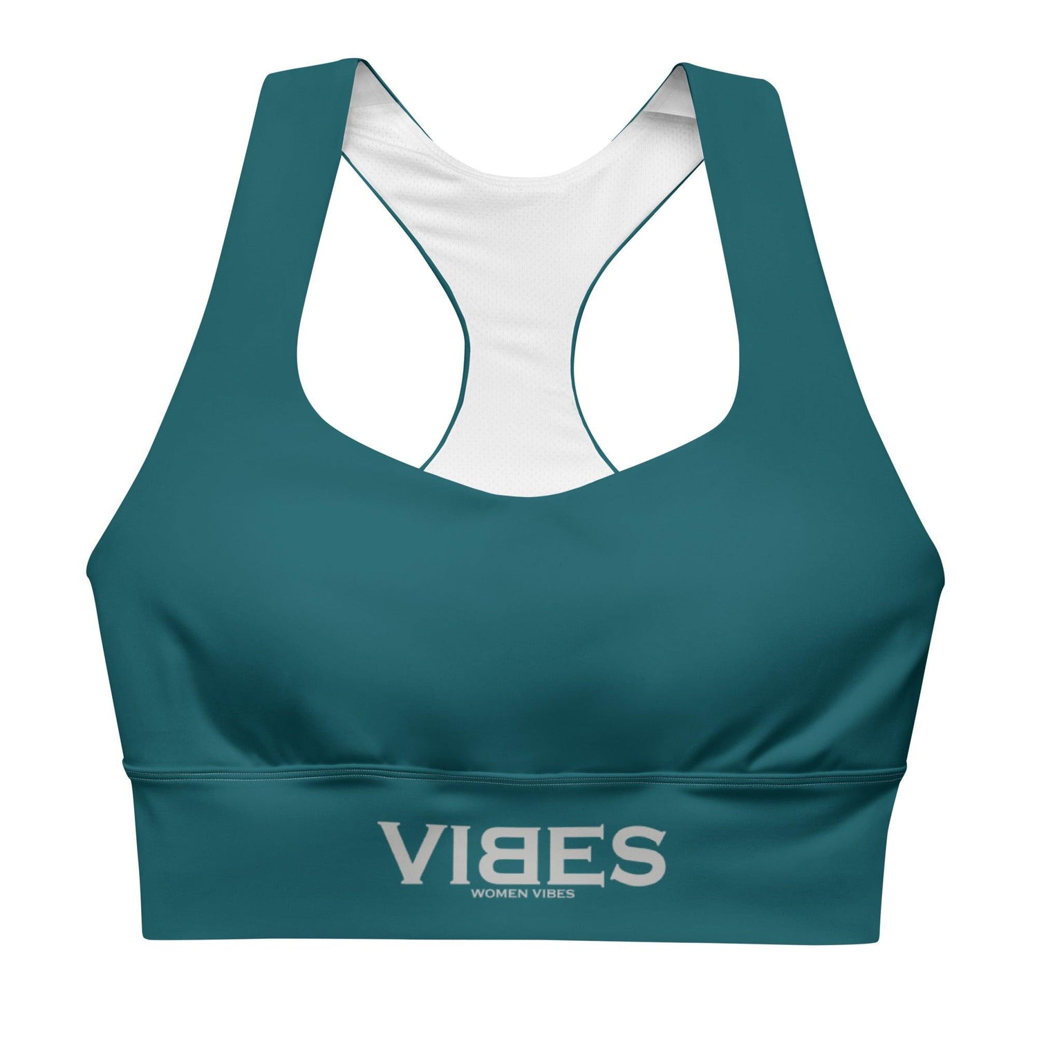 Blau-grüner langer Sport-BH mit VIBES-Logo und weißem Innenfutter, Produktfoto
