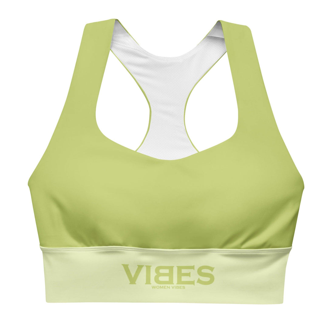 Grüner Sport-BH VIBES mit Racerback und Logo-Print auf weißem Hintergrund