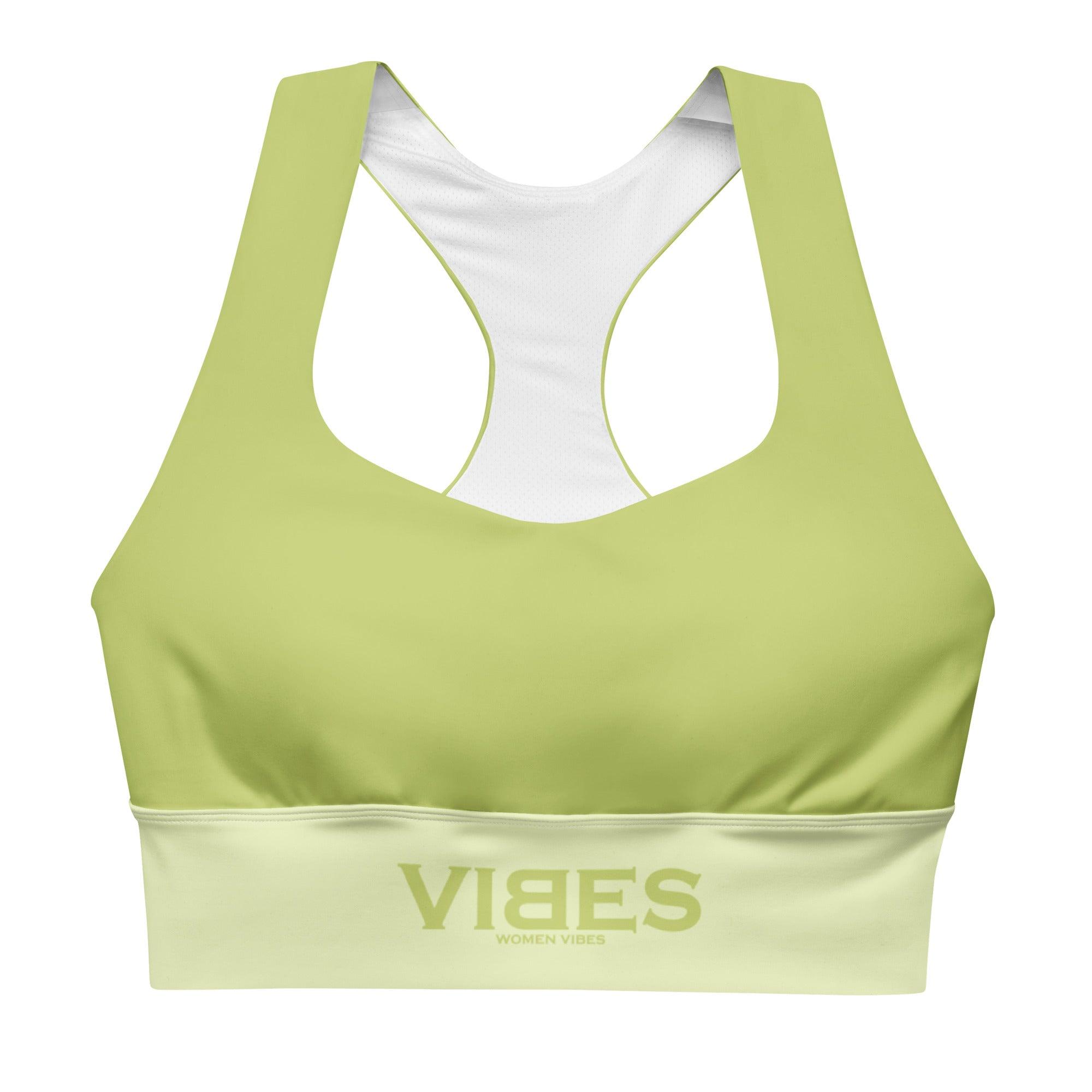 Grüner Sport-BH VIBES mit Racerback und Logo-Print auf weißem Hintergrund
