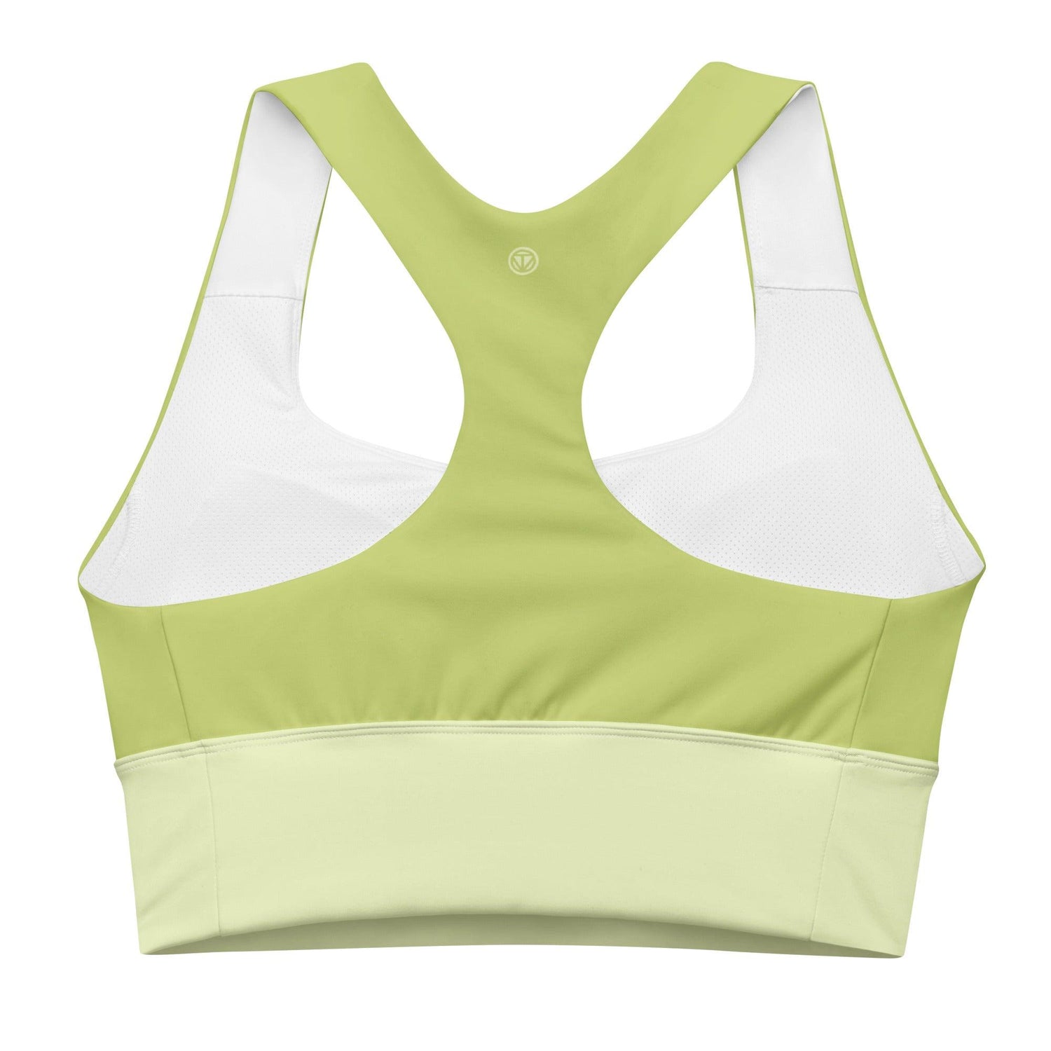 Langer Sport-BH in Grün mit Racerback und weißem Mesh-Einsatz, Rückansicht