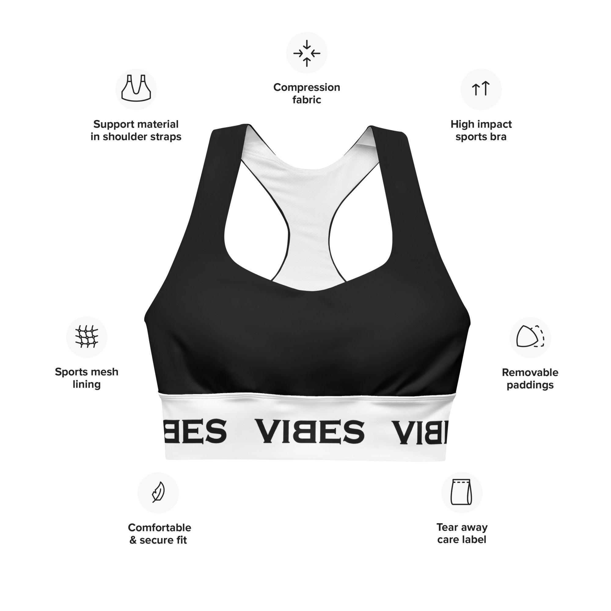 Schwarz-weißer Sport-BH VIBES mit Mesh-Futter, Kompressionsstoff und abnehmbaren Polstern.